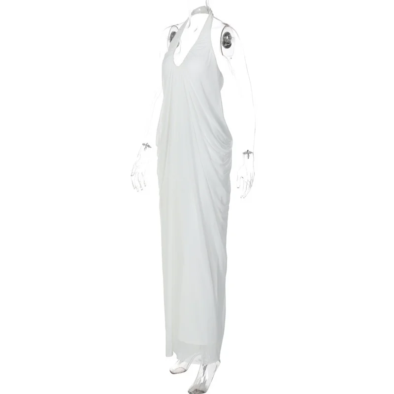 Mozision Mesh Halter Backless Sexy Maxi Dress Women Gown Fashion Elegant V Neck Sleeveless Pleated Club Party Long Dresses
