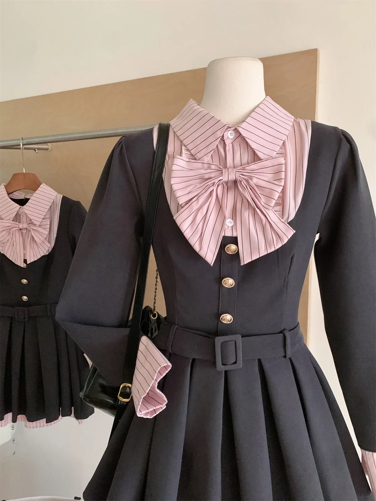 Women Korean College Preppy Mini Fake Two Pieces Shirt Dress Korean Chic Girl Bow Frock Long Sleeve One-Piece 2000s Sweet Y2k