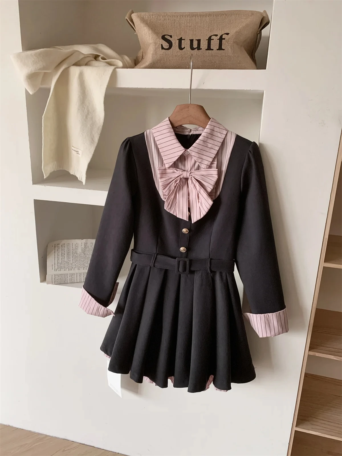 Women Korean College Preppy Mini Fake Two Pieces Shirt Dress Korean Chic Girl Bow Frock Long Sleeve One-Piece 2000s Sweet Y2k