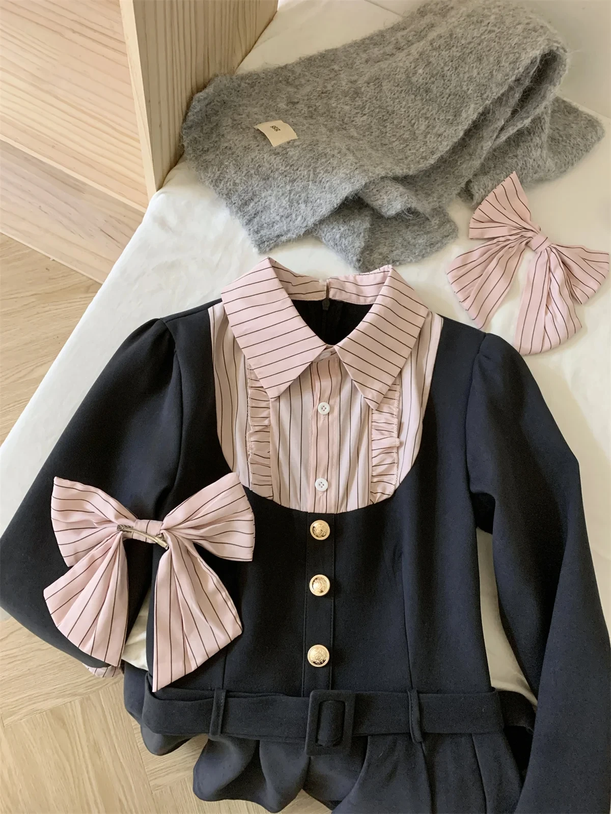 Women Korean College Preppy Mini Fake Two Pieces Shirt Dress Korean Chic Girl Bow Frock Long Sleeve One-Piece 2000s Sweet Y2k