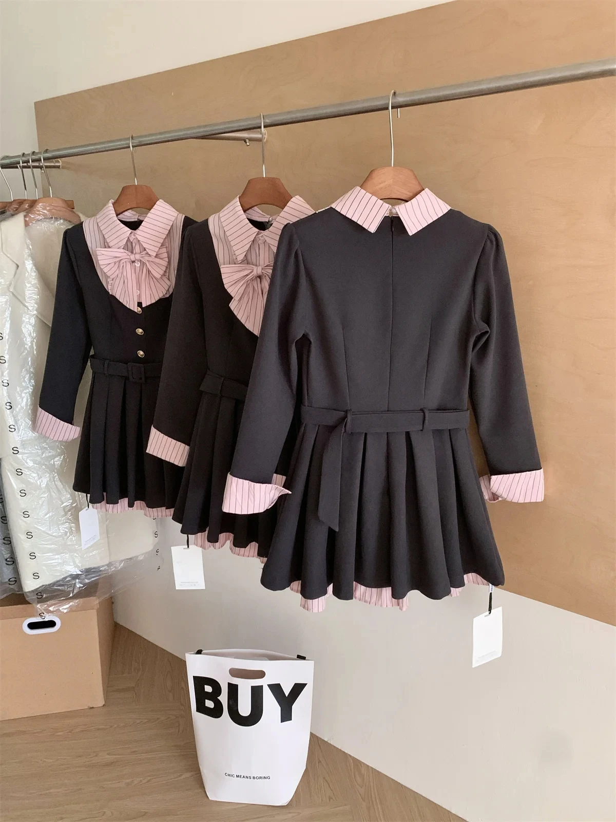 Women Korean College Preppy Mini Fake Two Pieces Shirt Dress Korean Chic Girl Bow Frock Long Sleeve One-Piece 2000s Sweet Y2k