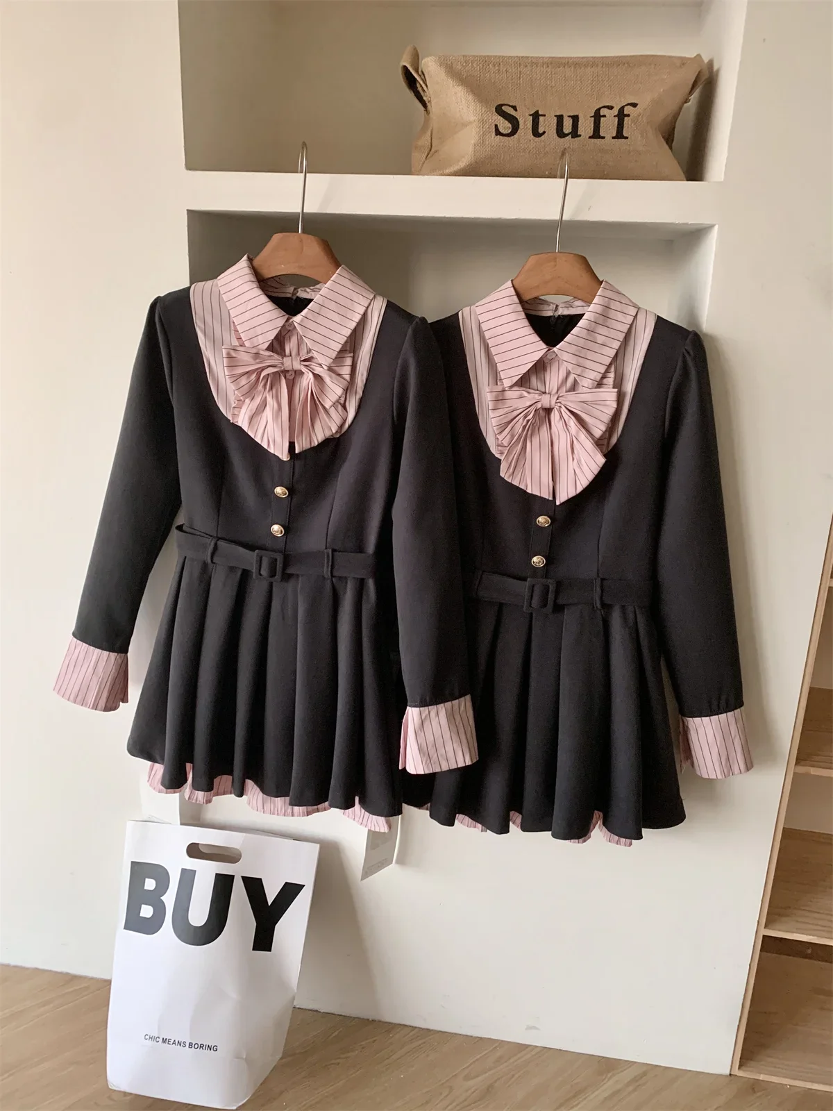 Women Korean College Preppy Mini Fake Two Pieces Shirt Dress Korean Chic Girl Bow Frock Long Sleeve One-Piece 2000s Sweet Y2k