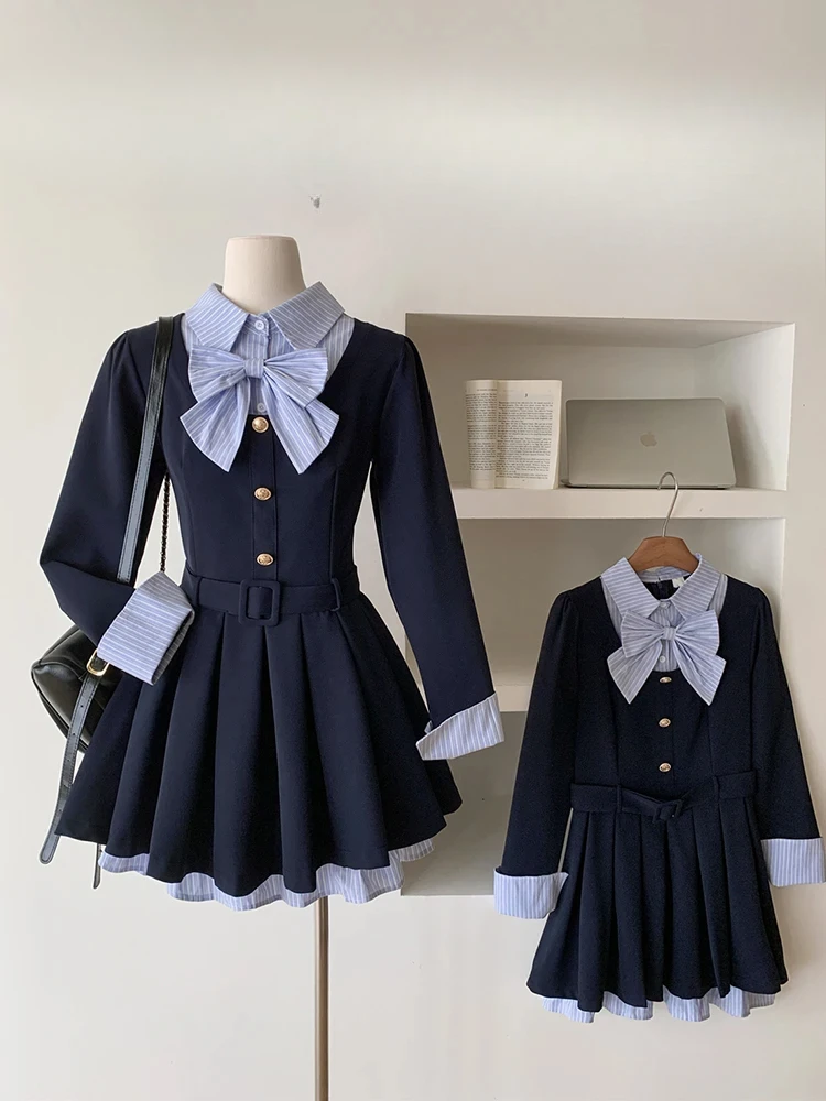 Women Korean College Preppy Mini Fake Two Pieces Shirt Dress Korean Chic Girl Bow Frock Long Sleeve One-Piece 2000s Sweet Y2k