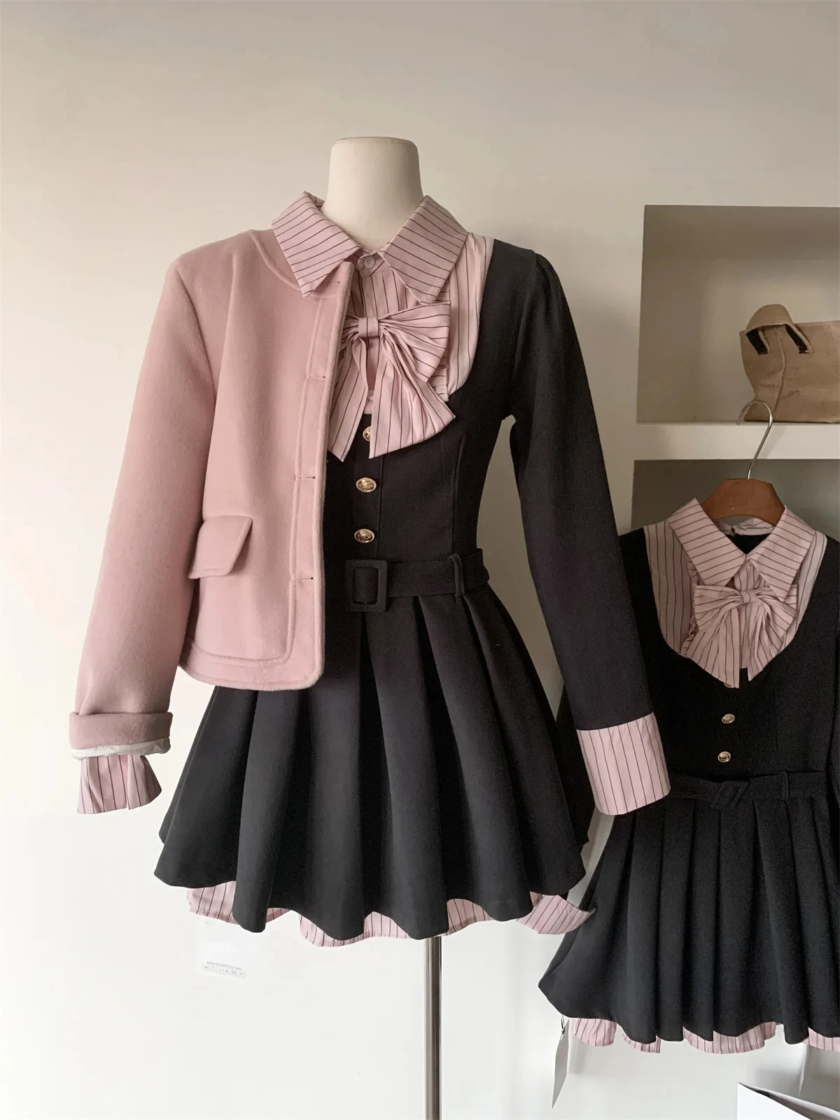 Women Korean College Preppy Mini Fake Two Pieces Shirt Dress Korean Chic Girl Bow Frock Long Sleeve One-Piece 2000s Sweet Y2k