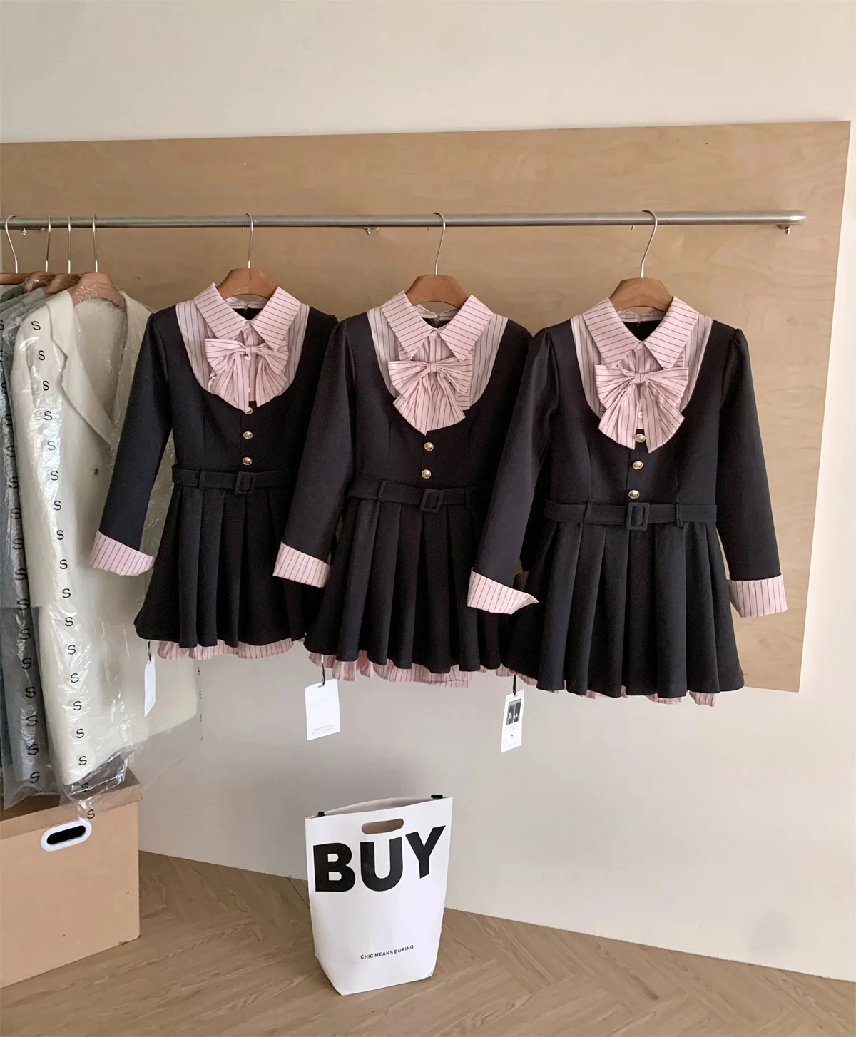 Women Korean College Preppy Mini Fake Two Pieces Shirt Dress Korean Chic Girl Bow Frock Long Sleeve One-Piece 2000s Sweet Y2k