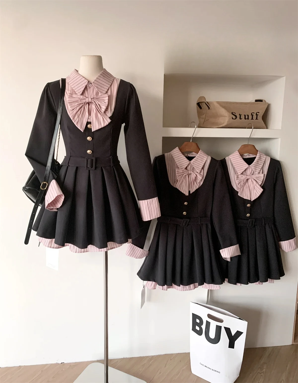 Women Korean College Preppy Mini Fake Two Pieces Shirt Dress Korean Chic Girl Bow Frock Long Sleeve One-Piece 2000s Sweet Y2k