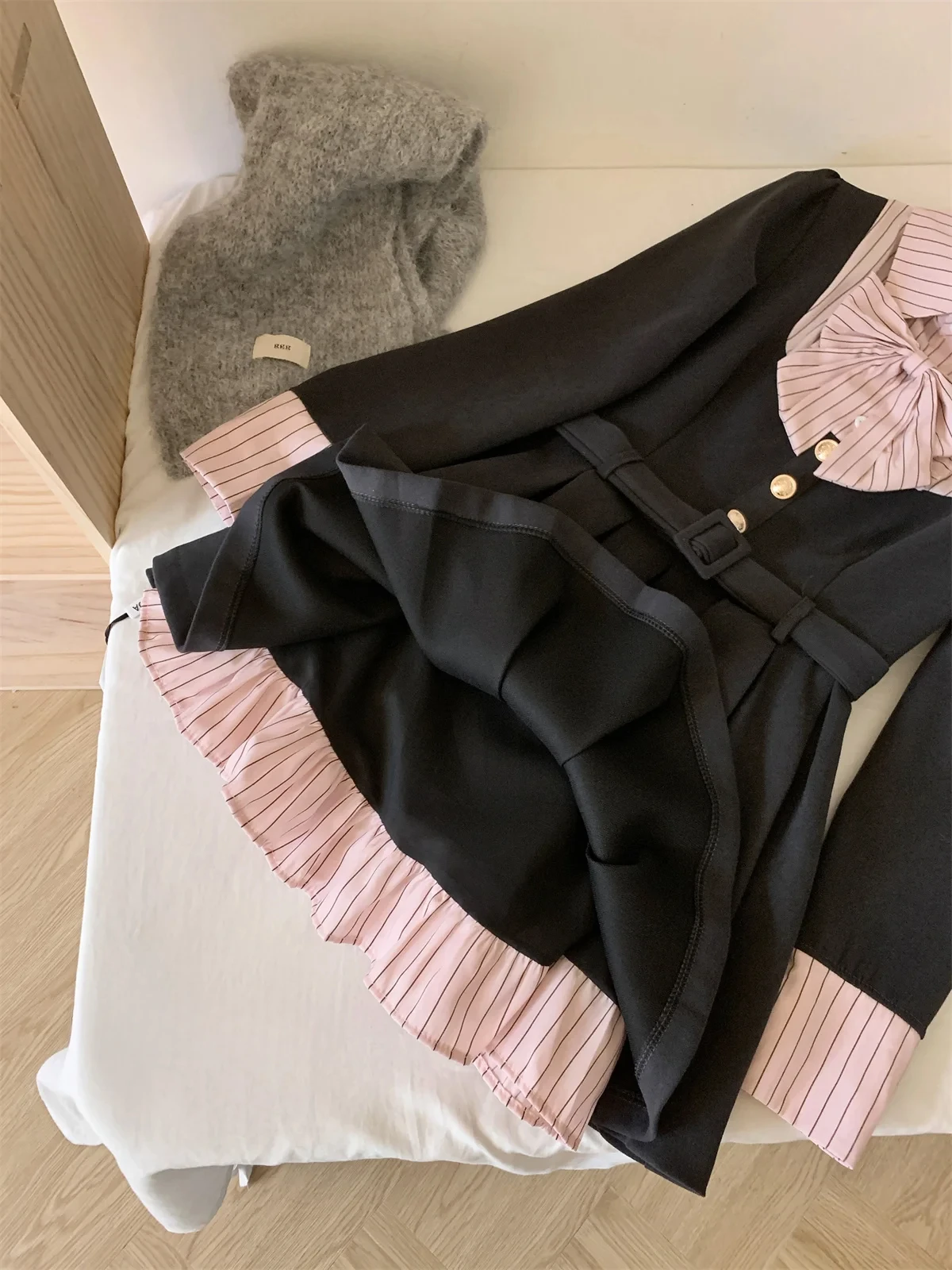 Women Korean College Preppy Mini Fake Two Pieces Shirt Dress Korean Chic Girl Bow Frock Long Sleeve One-Piece 2000s Sweet Y2k
