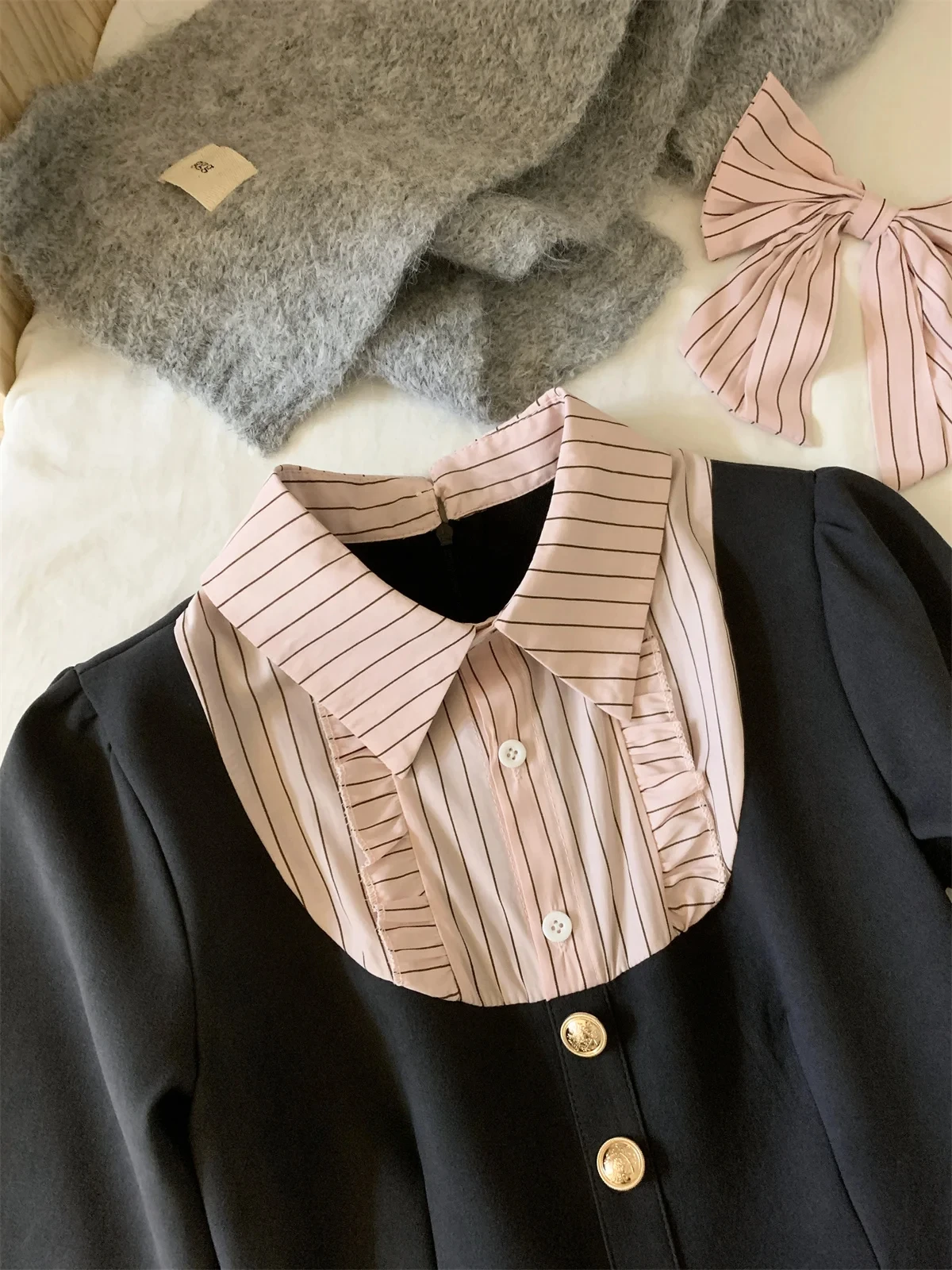 Women Korean College Preppy Mini Fake Two Pieces Shirt Dress Korean Chic Girl Bow Frock Long Sleeve One-Piece 2000s Sweet Y2k