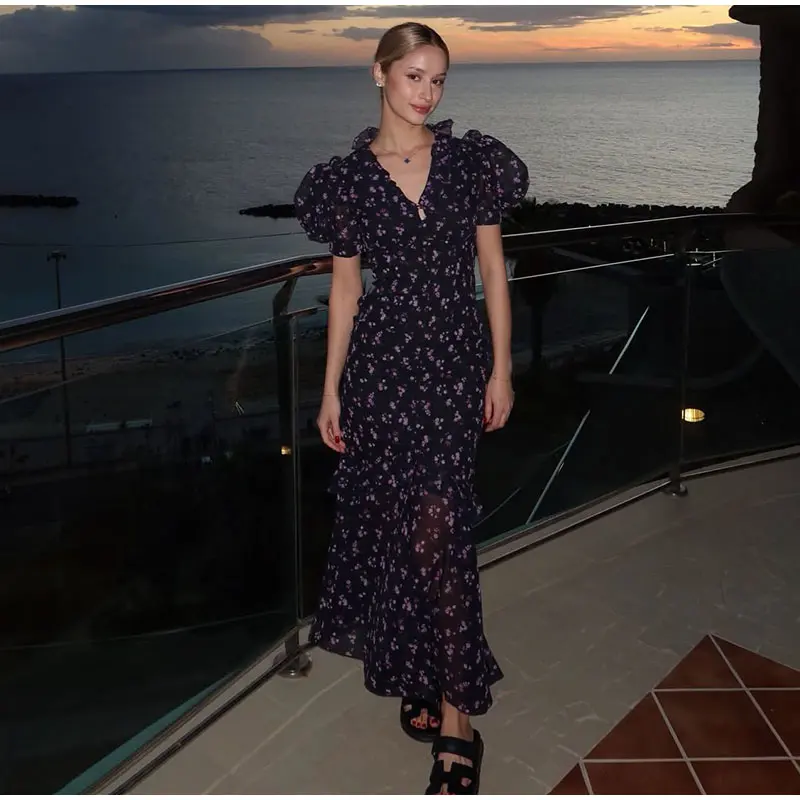 Elegant Printed Lace Trim V-Neck Dress Women Puff Sleeve Ruffled Hem Slit Maxi Dresses 2026 Summer New Lady Fashion Evening Wear
