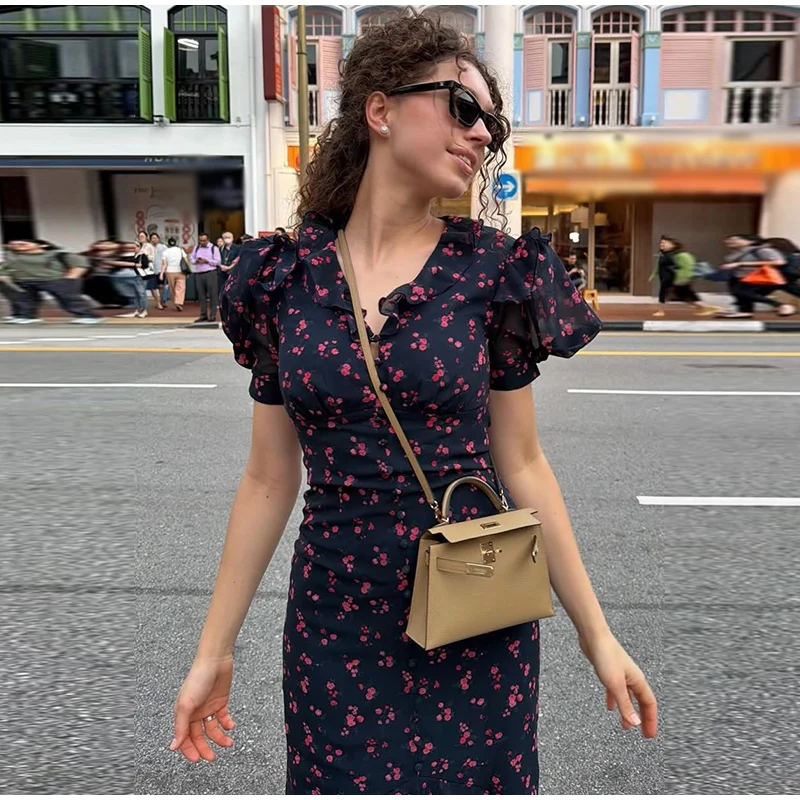Elegant Printed Lace Trim V-Neck Dress Women Puff Sleeve Ruffled Hem Slit Maxi Dresses 2026 Summer New Lady Fashion Evening Wear