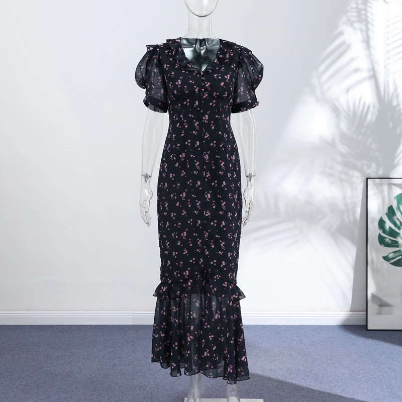 Elegant Printed Lace Trim V-Neck Dress Women Puff Sleeve Ruffled Hem Slit Maxi Dresses 2026 Summer New Lady Fashion Evening Wear