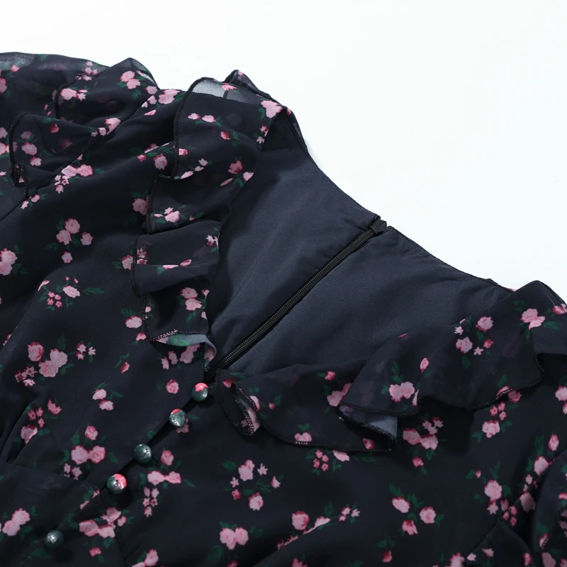 Elegant Printed Lace Trim V-Neck Dress Women Puff Sleeve Ruffled Hem Slit Maxi Dresses 2026 Summer New Lady Fashion Evening Wear
