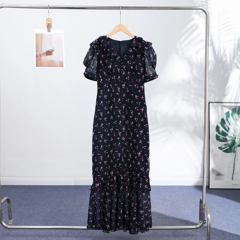 Elegant Printed Lace Trim V-Neck Dress Women Puff Sleeve Ruffled Hem Slit Maxi Dresses 2026 Summer New Lady Fashion Evening Wear