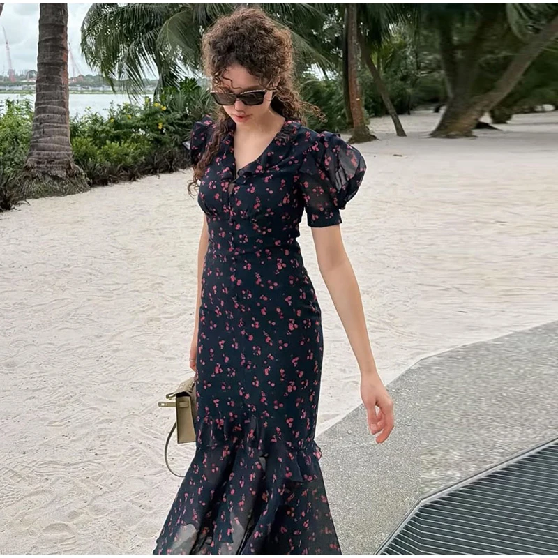 Elegant Printed Lace Trim V-Neck Dress Women Puff Sleeve Ruffled Hem Slit Maxi Dresses 2026 Summer New Lady Fashion Evening Wear