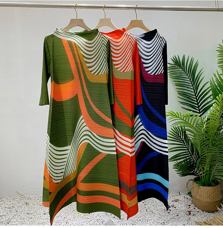 ANLAN Miyake Pleated Dress 2024 Summer New O-Neck Long Sleeved Printed Fashion Evening Dresses Elegant Women's Clothing 9AK2075