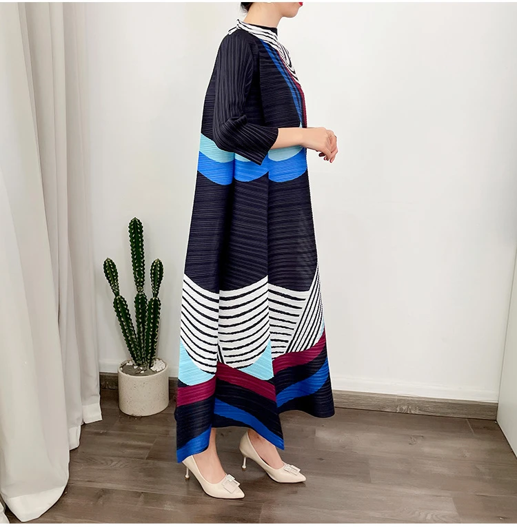 ANLAN Miyake Pleated Dress 2024 Summer New O-Neck Long Sleeved Printed Fashion Evening Dresses Elegant Women's Clothing 9AK2075