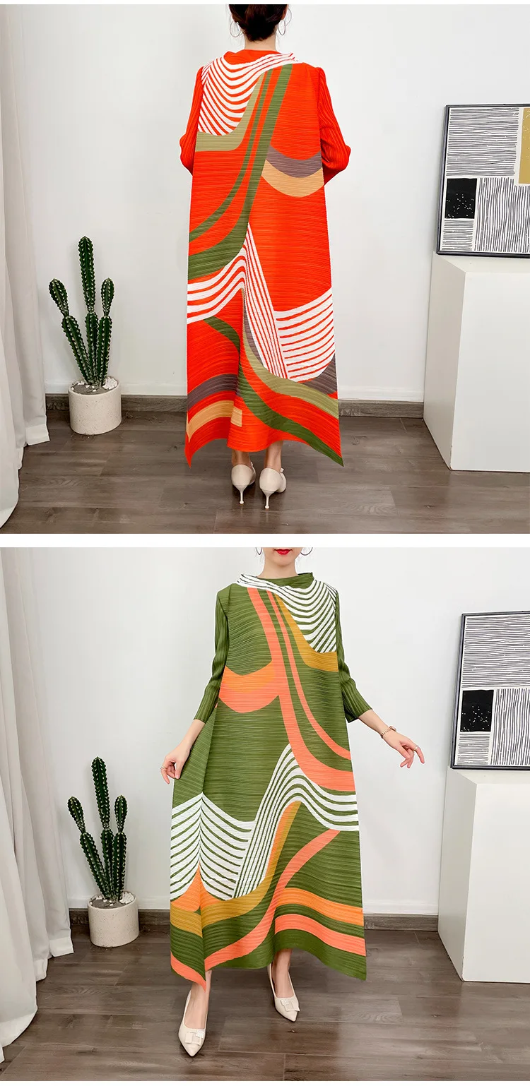 ANLAN Miyake Pleated Dress 2024 Summer New O-Neck Long Sleeved Printed Fashion Evening Dresses Elegant Women's Clothing 9AK2075