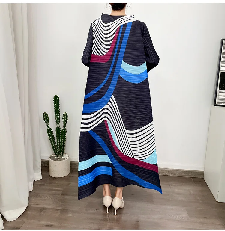ANLAN Miyake Pleated Dress 2024 Summer New O-Neck Long Sleeved Printed Fashion Evening Dresses Elegant Women's Clothing 9AK2075