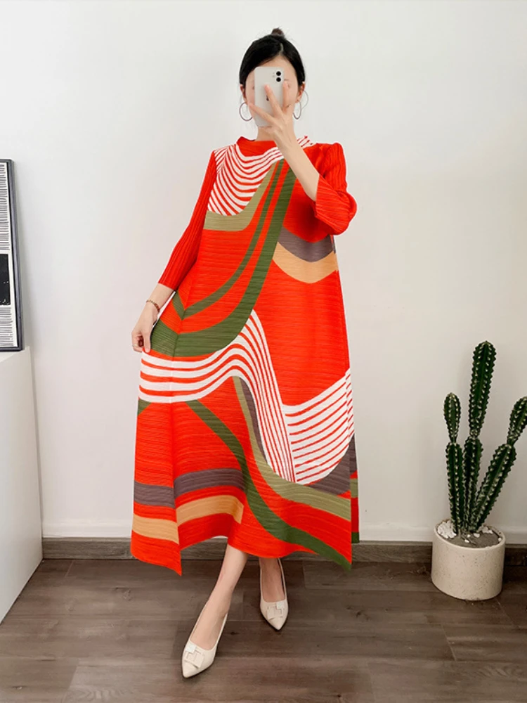 ANLAN Miyake Pleated Dress 2024 Summer New O-Neck Long Sleeved Printed Fashion Evening Dresses Elegant Women's Clothing 9AK2075