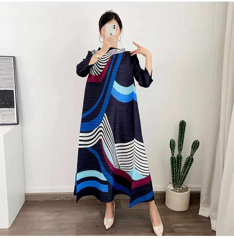 ANLAN Miyake Pleated Dress 2024 Summer New O-Neck Long Sleeved Printed Fashion Evening Dresses Elegant Women's Clothing 9AK2075