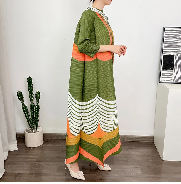 ANLAN Miyake Pleated Dress 2024 Summer New O-Neck Long Sleeved Printed Fashion Evening Dresses Elegant Women's Clothing 9AK2075