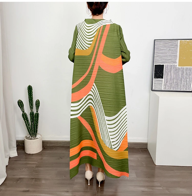 ANLAN Miyake Pleated Dress 2024 Summer New O-Neck Long Sleeved Printed Fashion Evening Dresses Elegant Women's Clothing 9AK2075