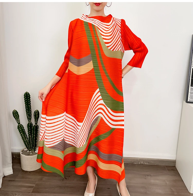 ANLAN Miyake Pleated Dress 2024 Summer New O-Neck Long Sleeved Printed Fashion Evening Dresses Elegant Women's Clothing 9AK2075