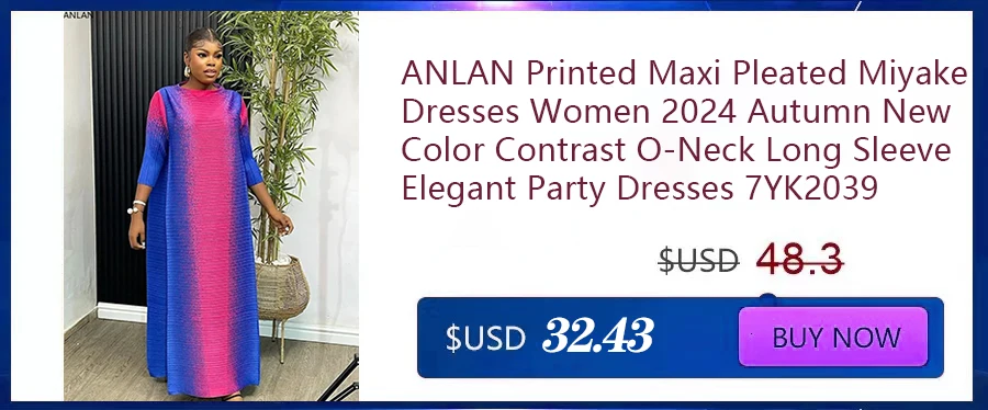 ANLAN Miyake Pleated Dress 2024 Summer New O-Neck Long Sleeved Printed Fashion Evening Dresses Elegant Women's Clothing 9AK2075