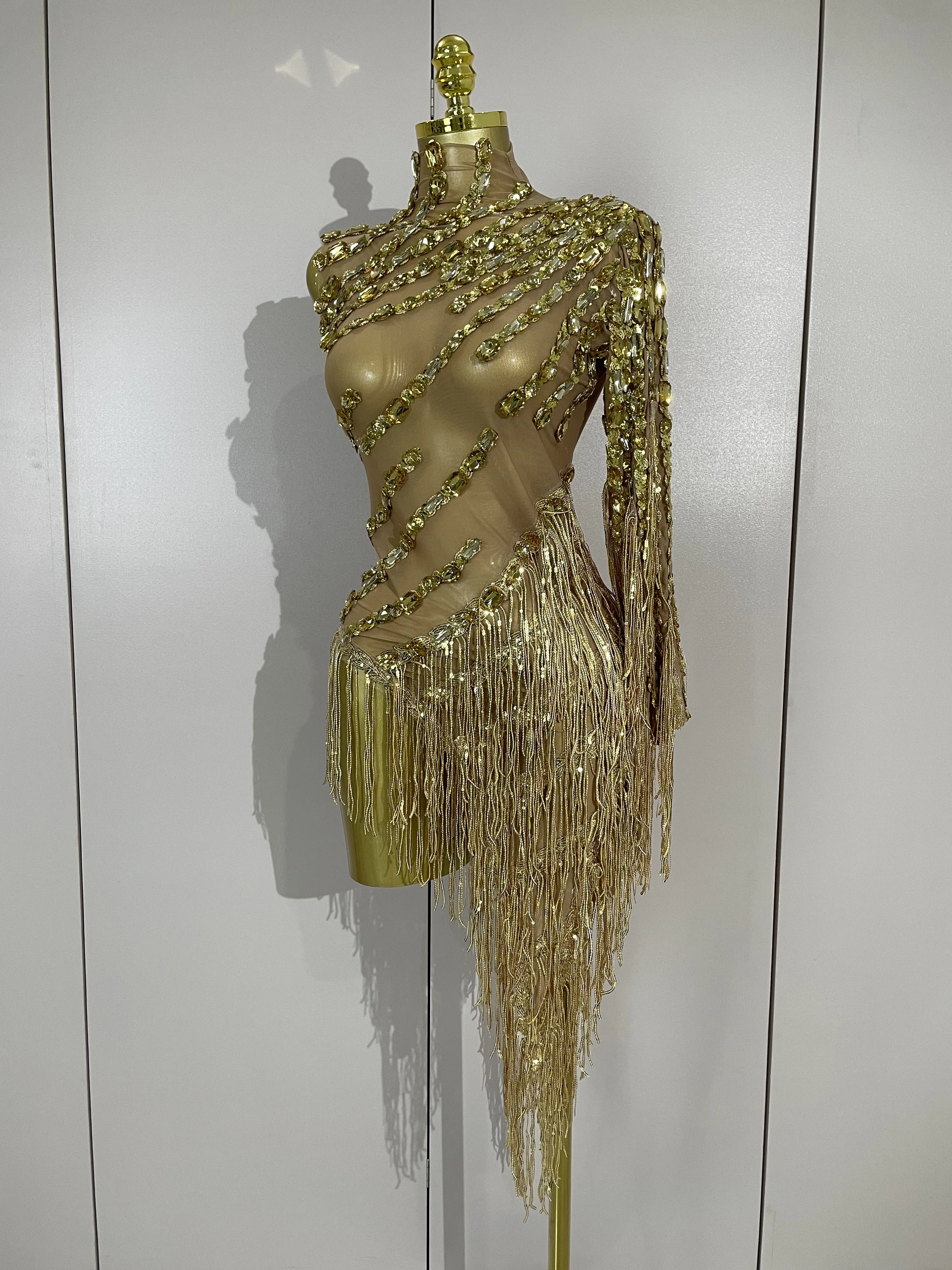 New Sparkly Rhinestones Tassel Sexy See-Through Dress Women One Shoulder Latin Dance Outfits Bars Nightclub Party Stage Costume