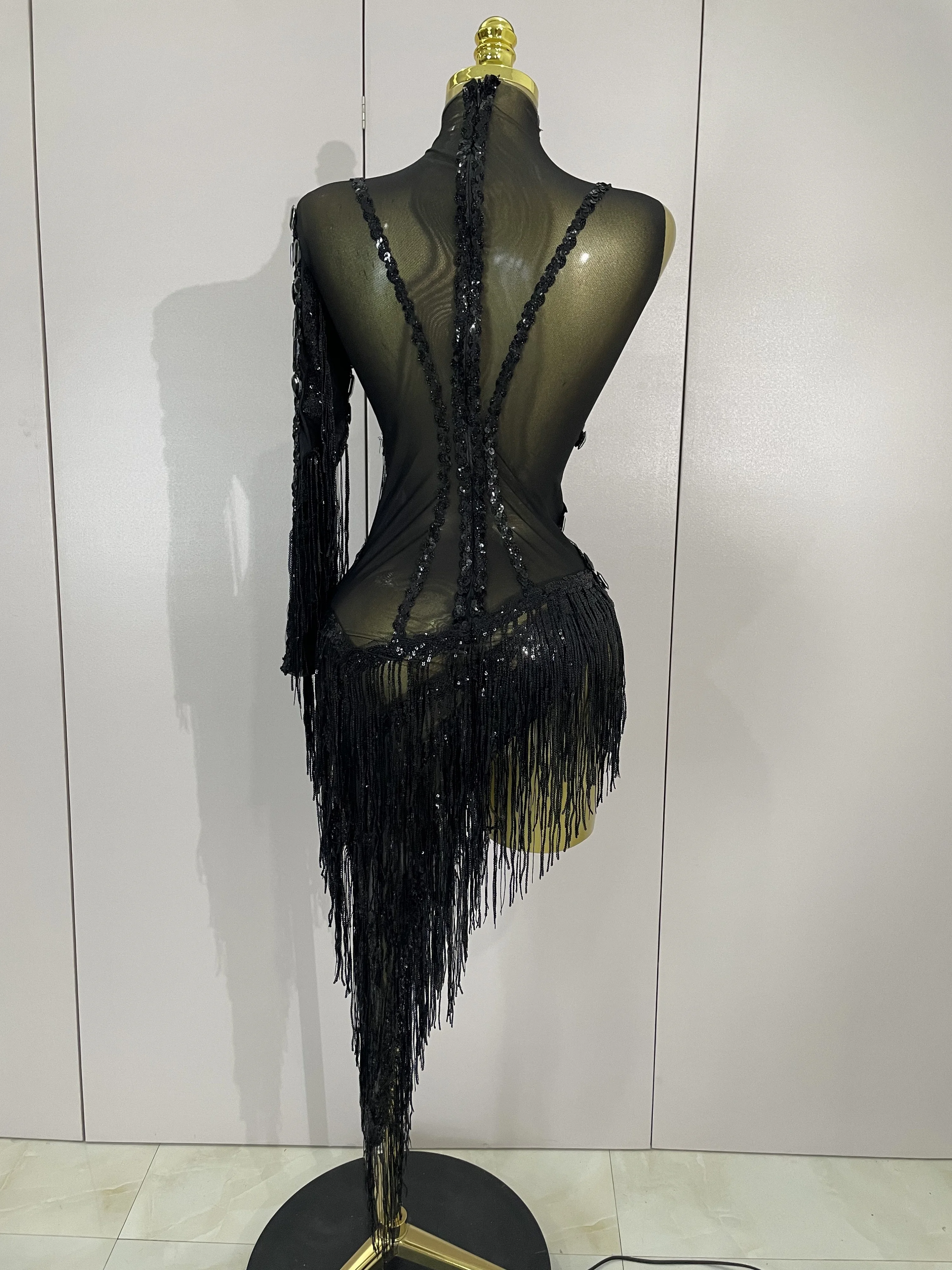 New Sparkly Rhinestones Tassel Sexy See-Through Dress Women One Shoulder Latin Dance Outfits Bars Nightclub Party Stage Costume