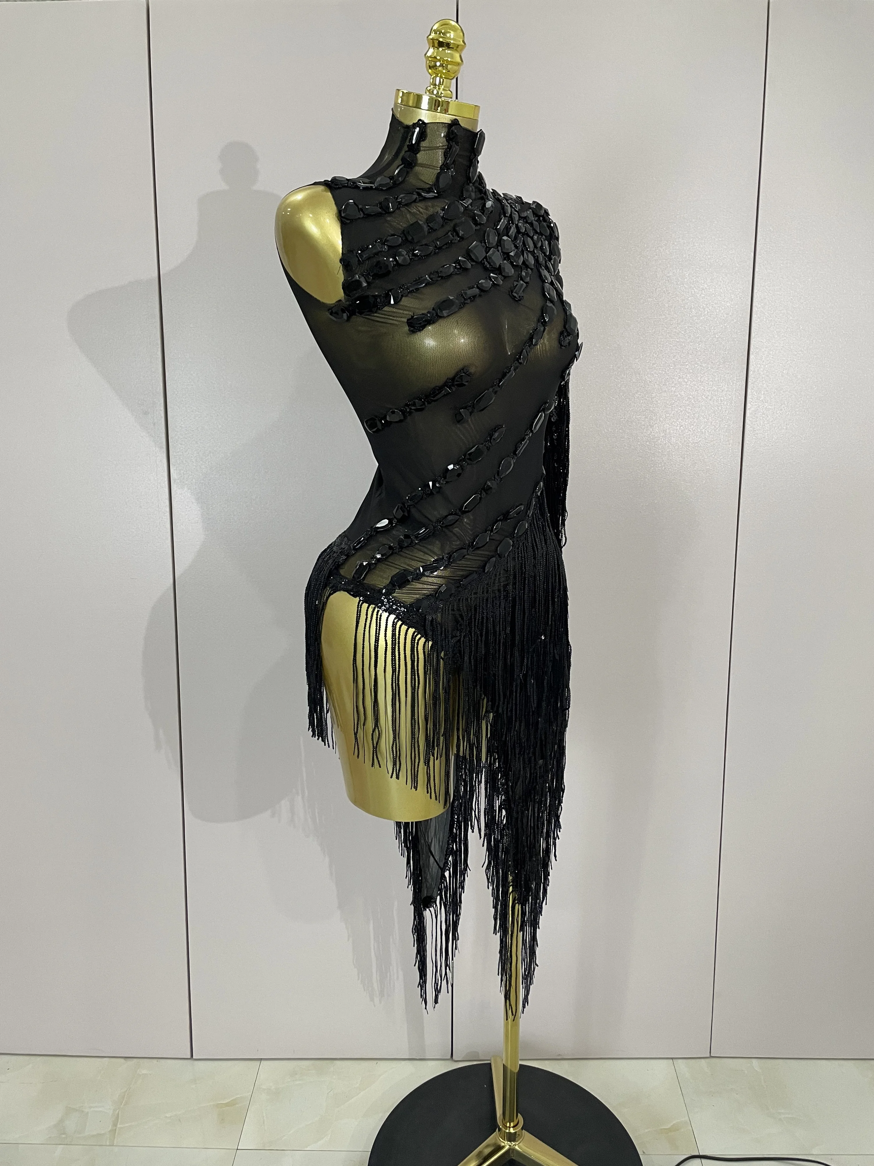 New Sparkly Rhinestones Tassel Sexy See-Through Dress Women One Shoulder Latin Dance Outfits Bars Nightclub Party Stage Costume