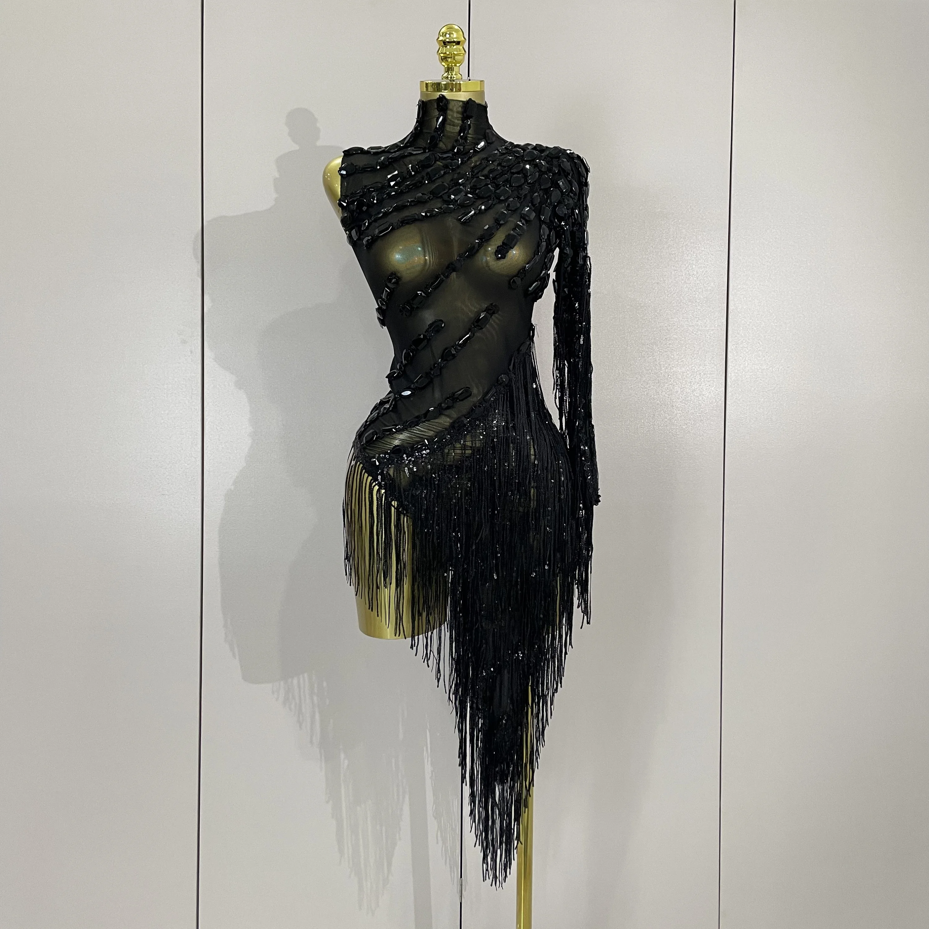 New Sparkly Rhinestones Tassel Sexy See-Through Dress Women One Shoulder Latin Dance Outfits Bars Nightclub Party Stage Costume