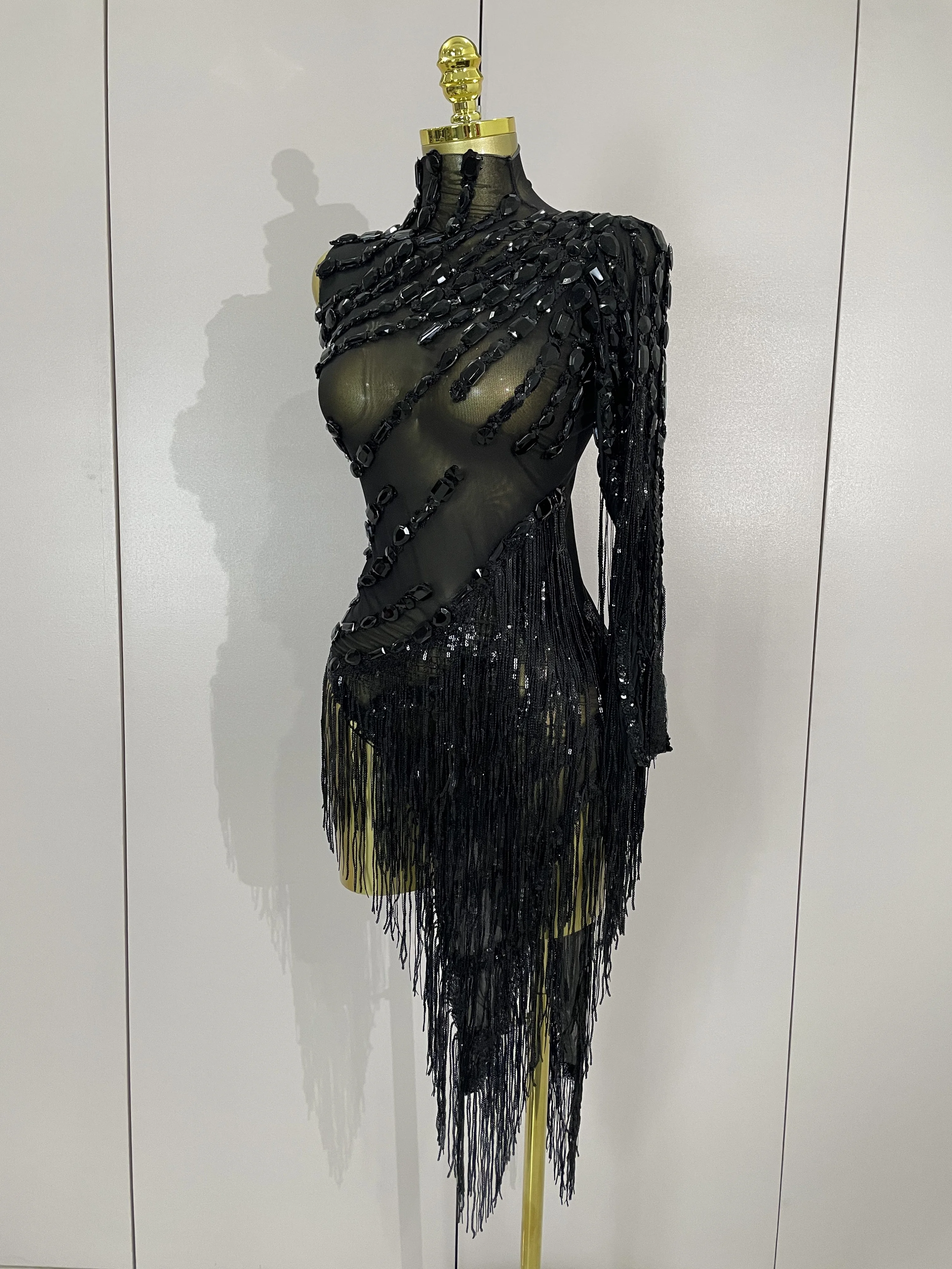 New Sparkly Rhinestones Tassel Sexy See-Through Dress Women One Shoulder Latin Dance Outfits Bars Nightclub Party Stage Costume