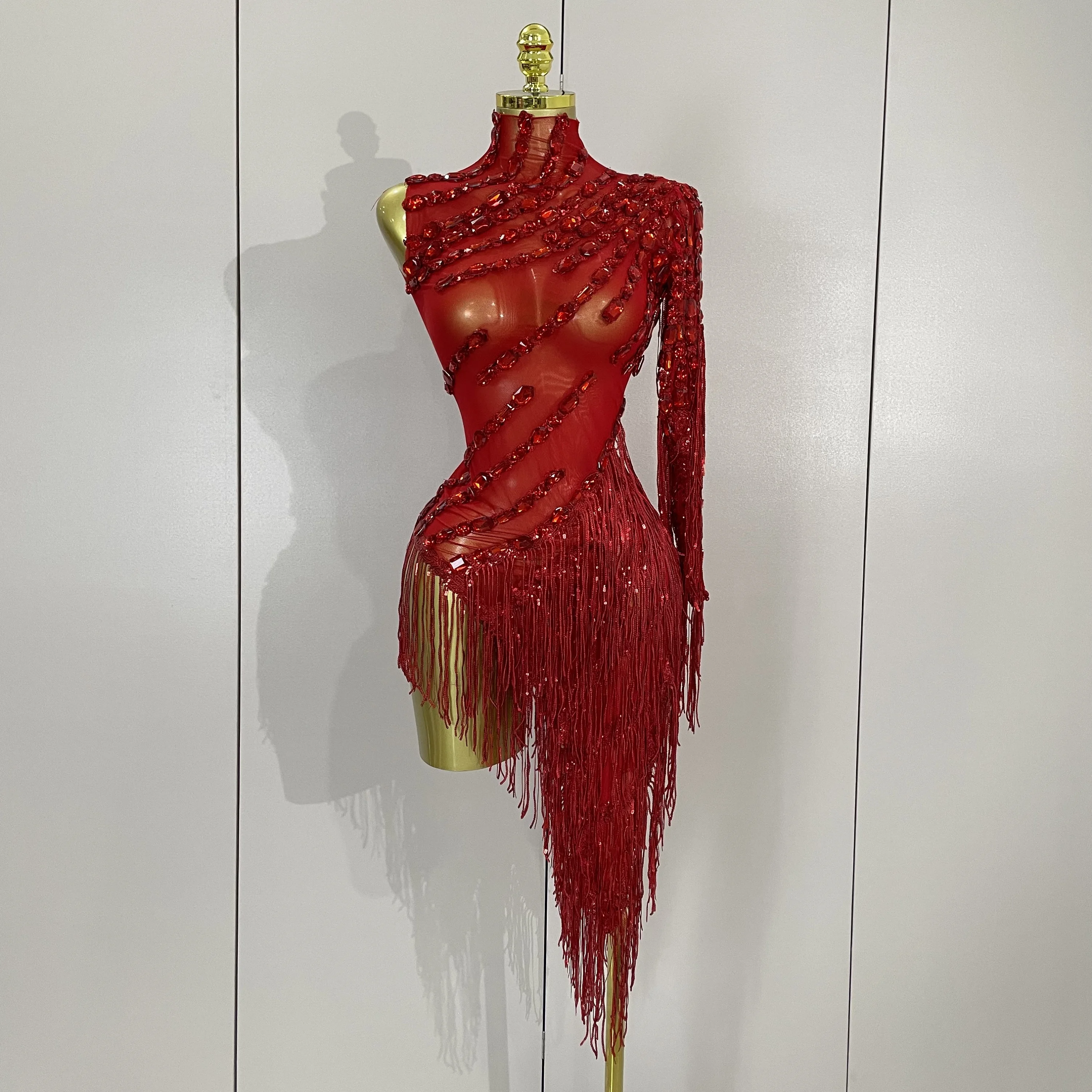 New Sparkly Rhinestones Tassel Sexy See-Through Dress Women One Shoulder Latin Dance Outfits Bars Nightclub Party Stage Costume
