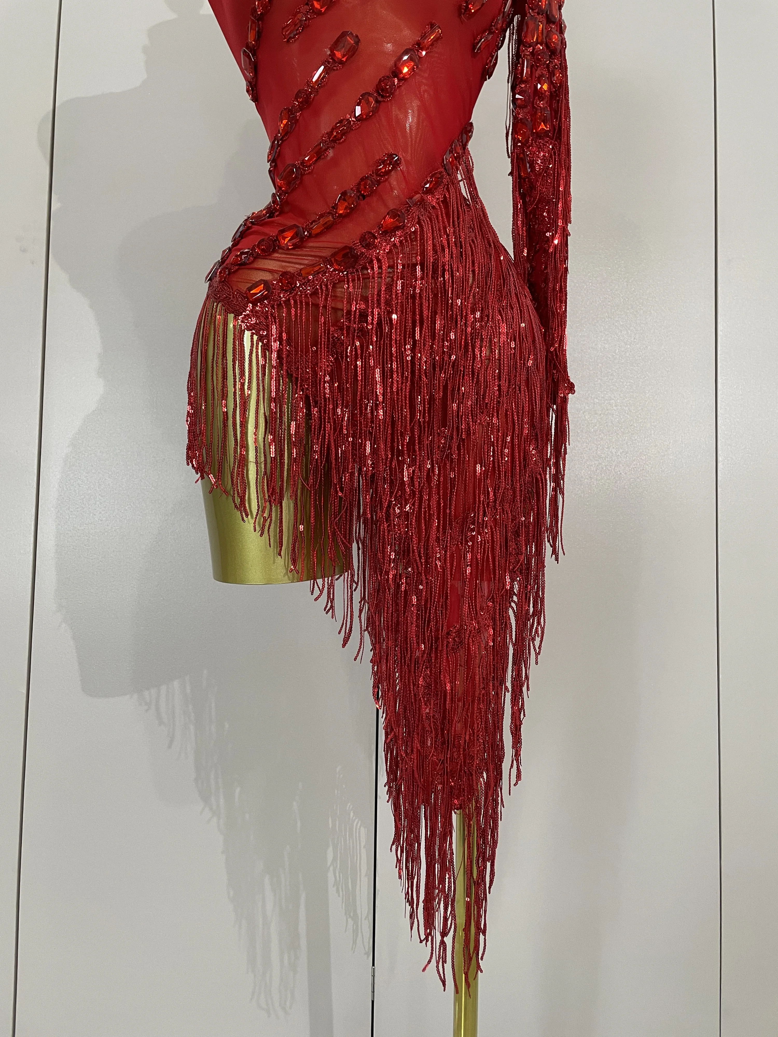 New Sparkly Rhinestones Tassel Sexy See-Through Dress Women One Shoulder Latin Dance Outfits Bars Nightclub Party Stage Costume