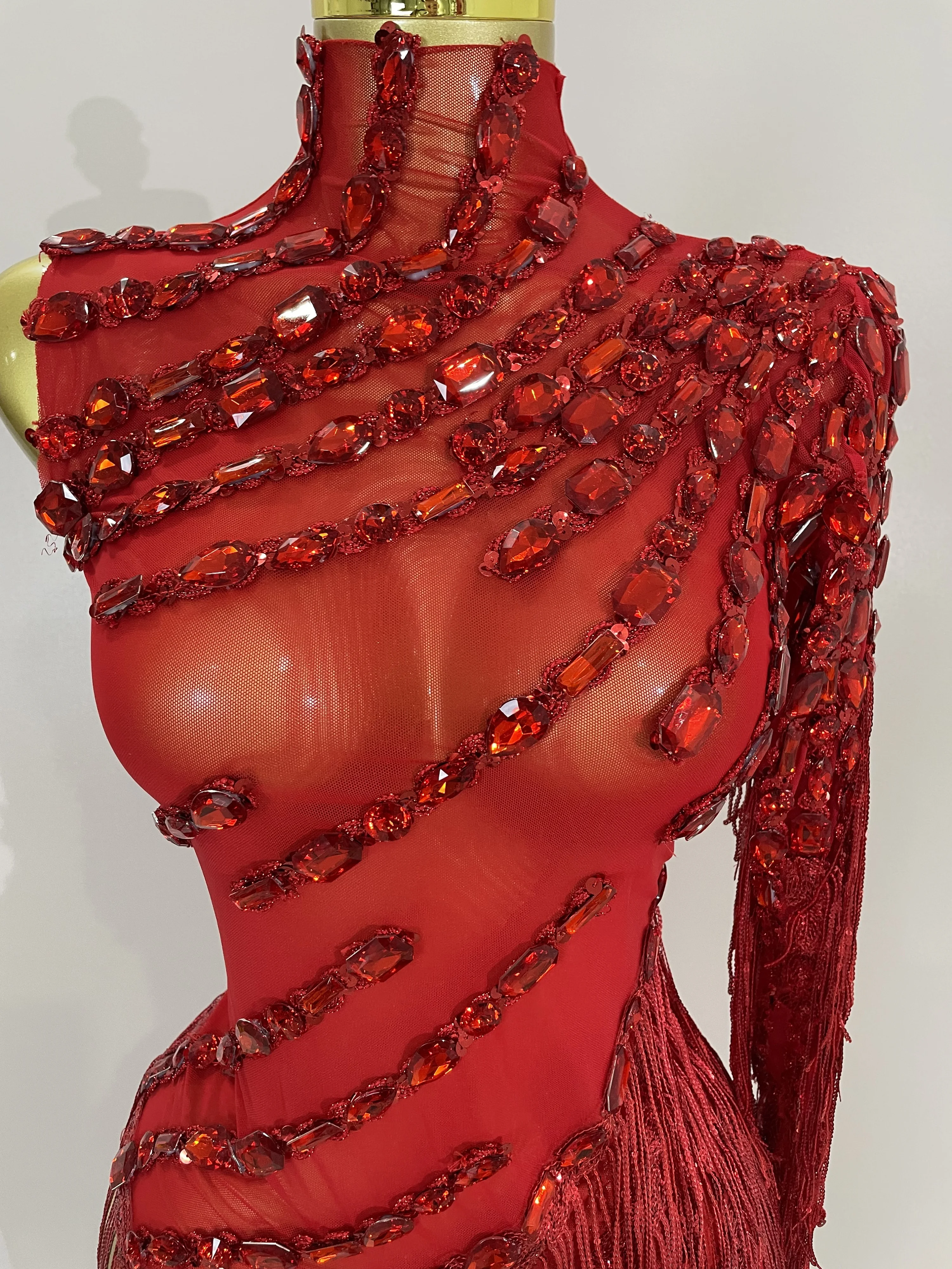 New Sparkly Rhinestones Tassel Sexy See-Through Dress Women One Shoulder Latin Dance Outfits Bars Nightclub Party Stage Costume