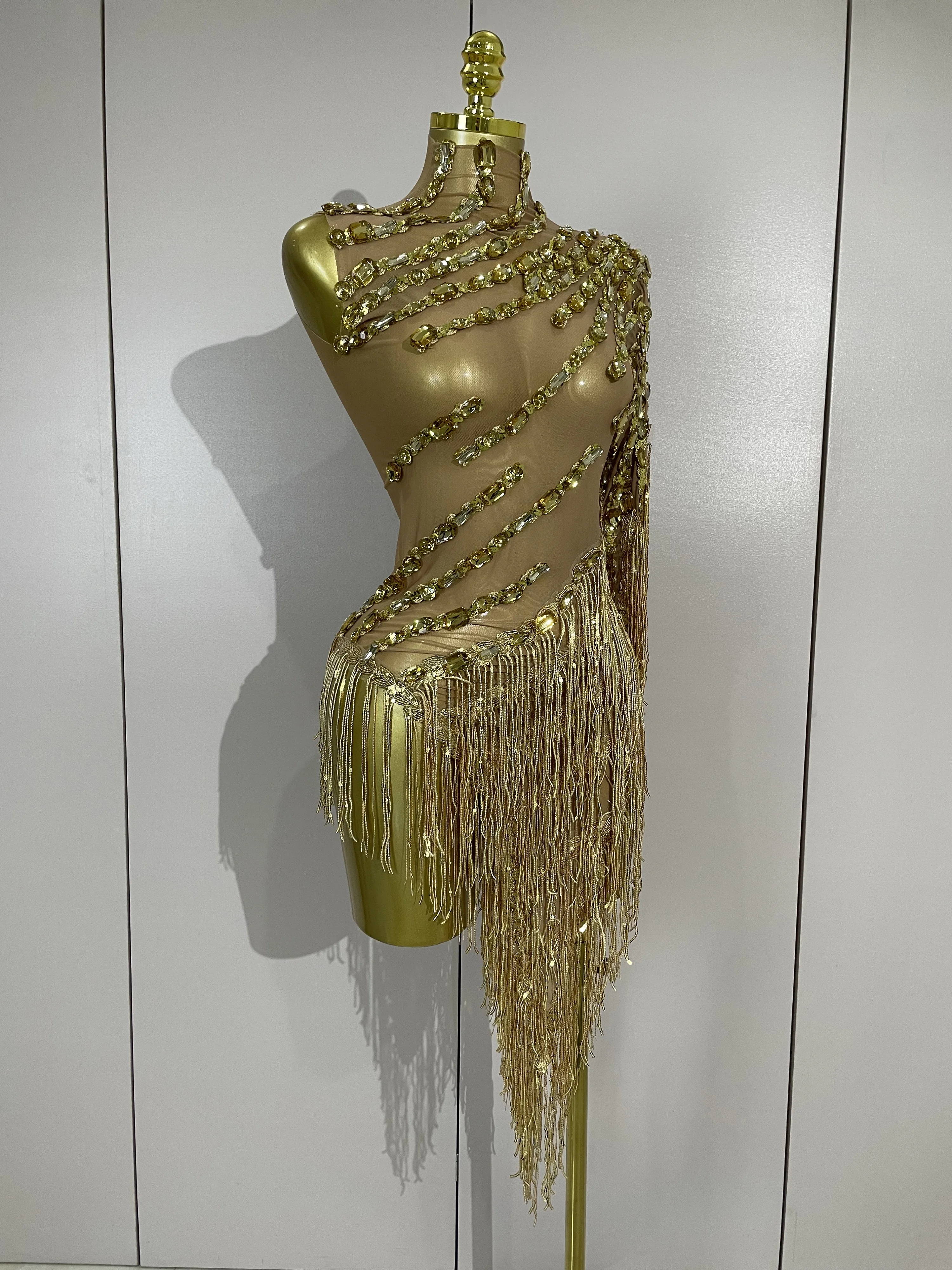 New Sparkly Rhinestones Tassel Sexy See-Through Dress Women One Shoulder Latin Dance Outfits Bars Nightclub Party Stage Costume
