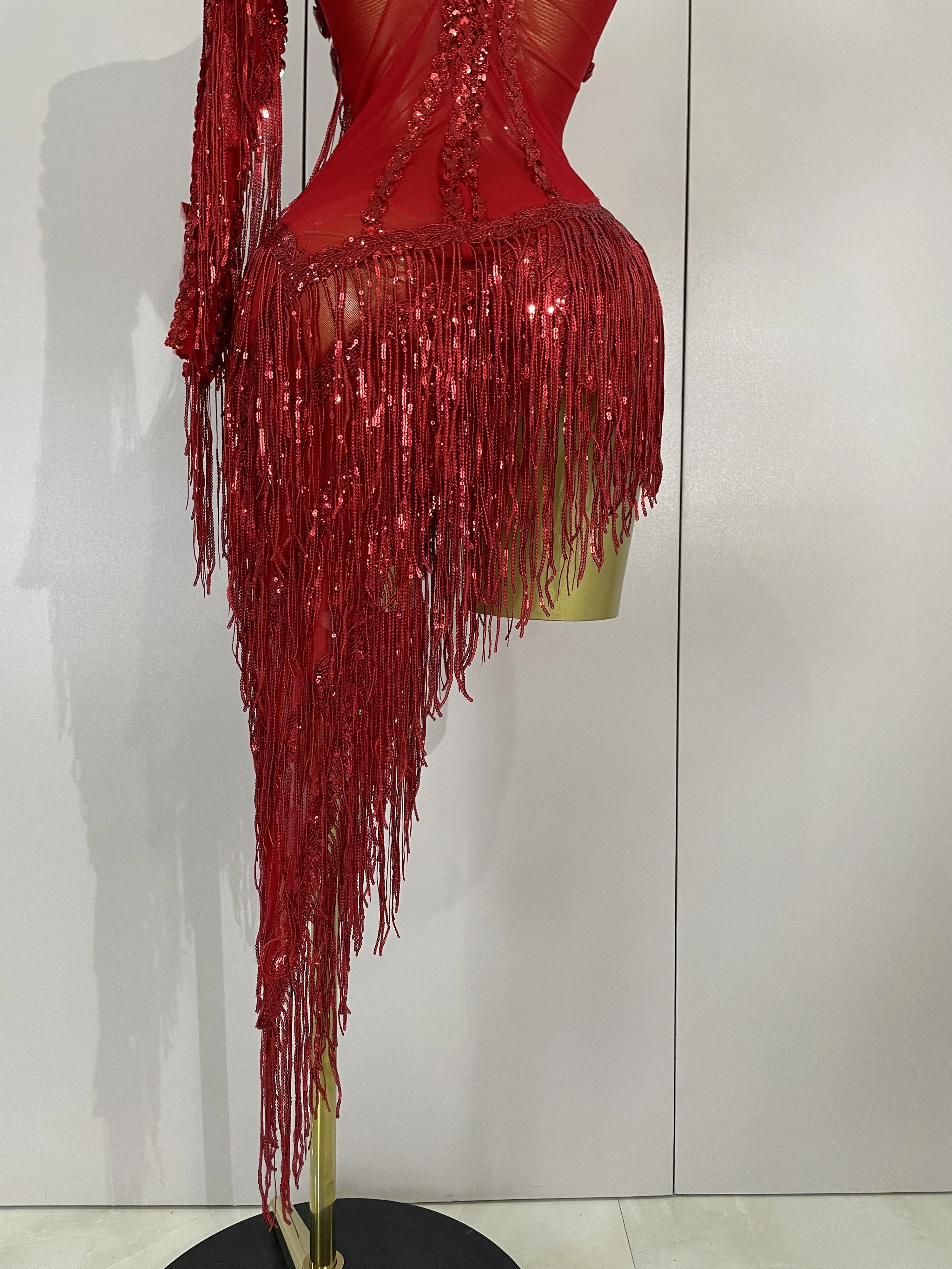 New Sparkly Rhinestones Tassel Sexy See-Through Dress Women One Shoulder Latin Dance Outfits Bars Nightclub Party Stage Costume