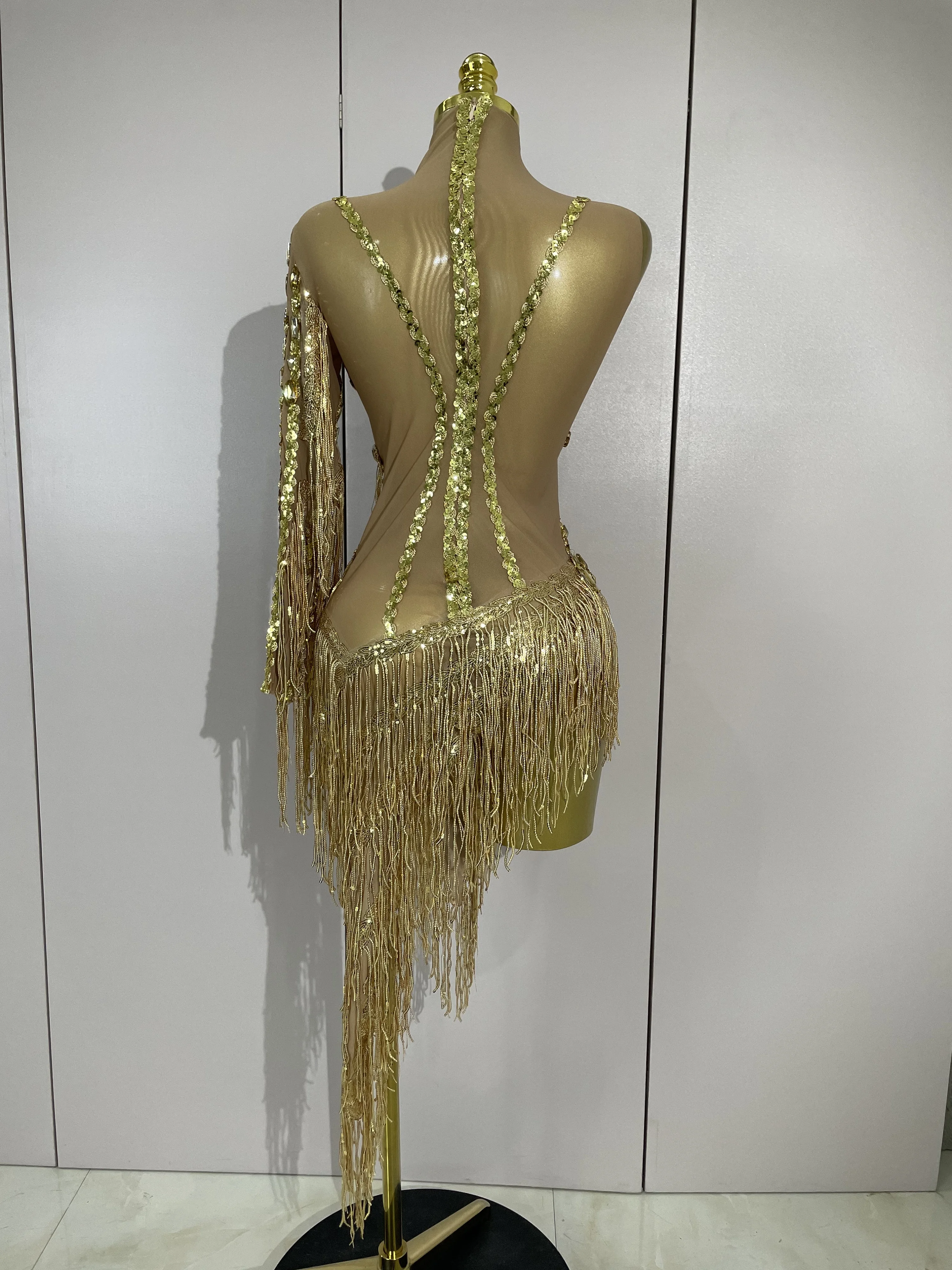 New Sparkly Rhinestones Tassel Sexy See-Through Dress Women One Shoulder Latin Dance Outfits Bars Nightclub Party Stage Costume