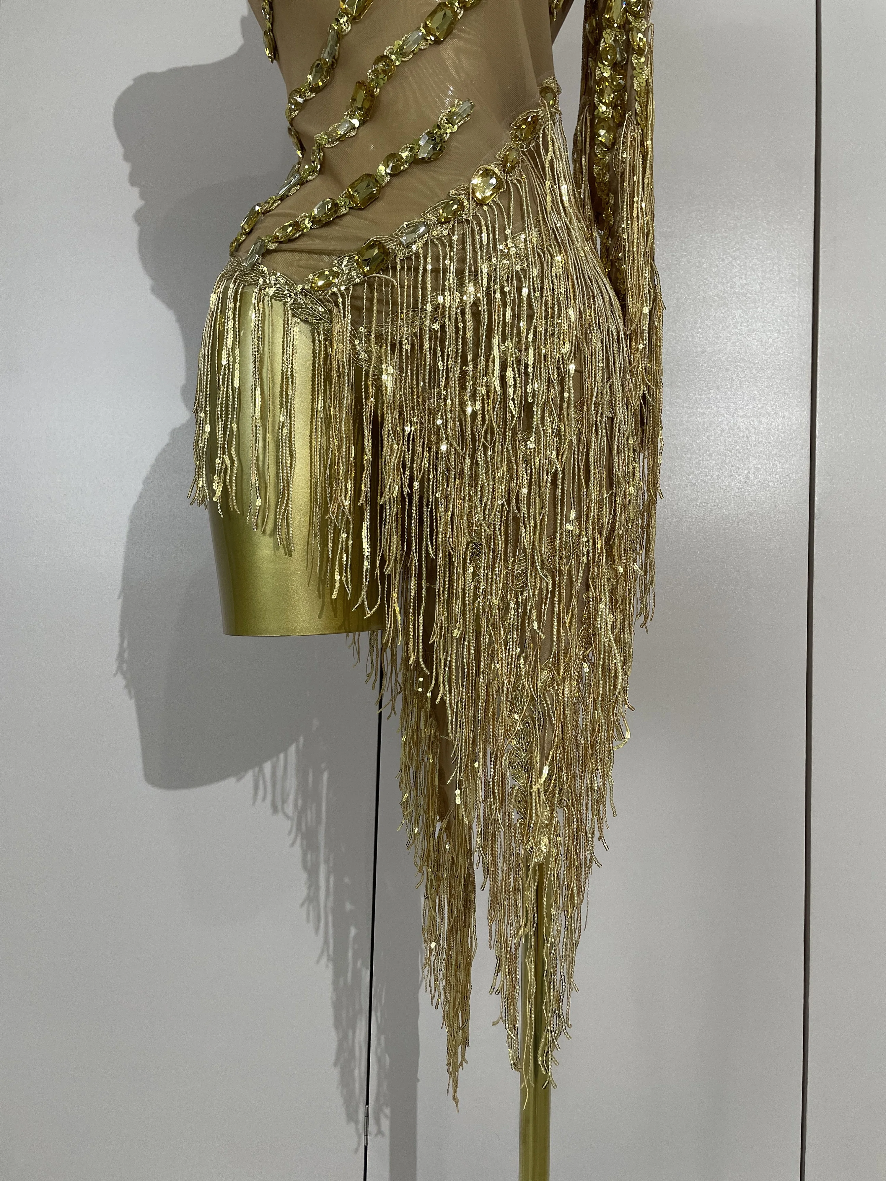 New Sparkly Rhinestones Tassel Sexy See-Through Dress Women One Shoulder Latin Dance Outfits Bars Nightclub Party Stage Costume