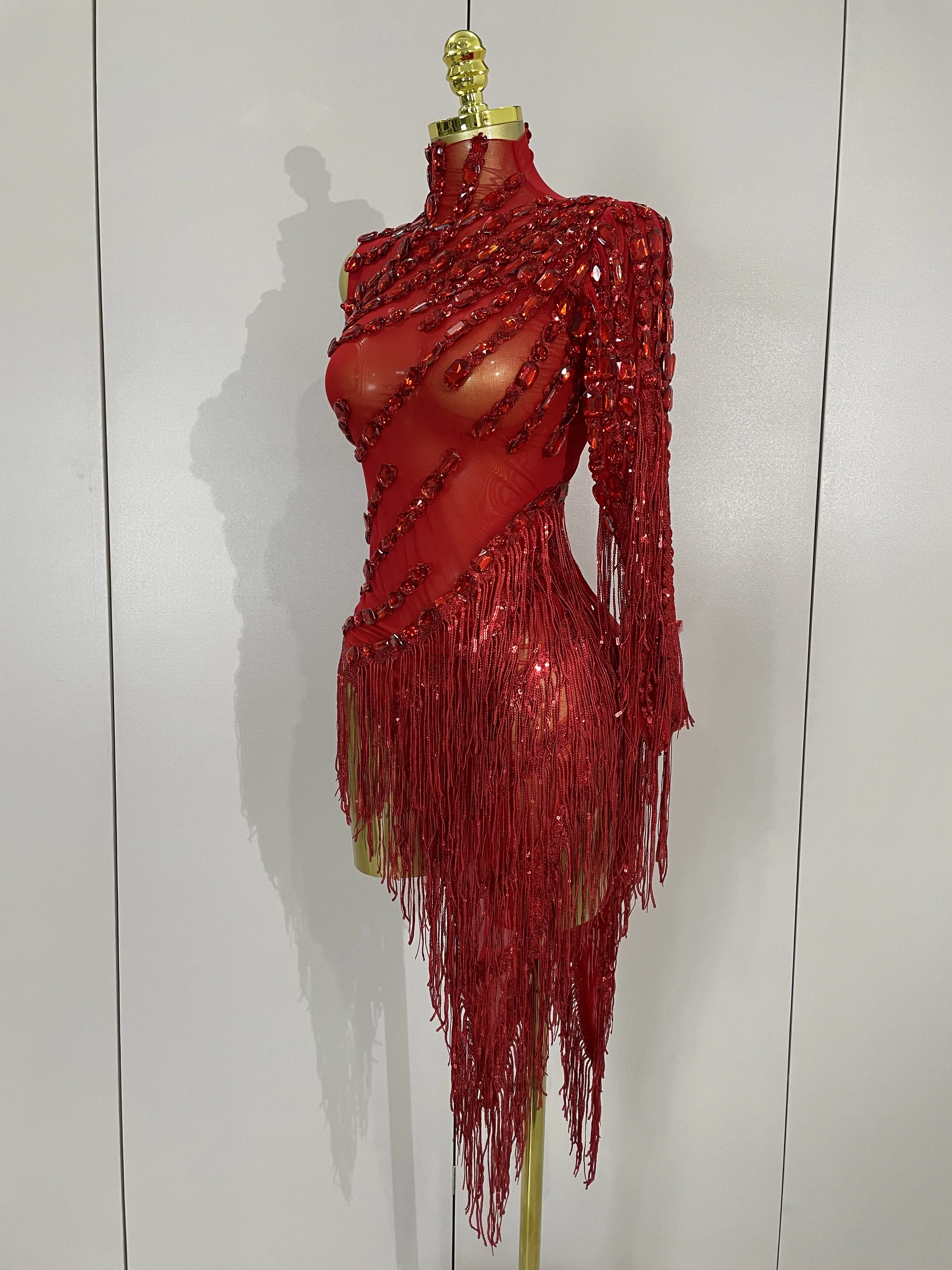 New Sparkly Rhinestones Tassel Sexy See-Through Dress Women One Shoulder Latin Dance Outfits Bars Nightclub Party Stage Costume