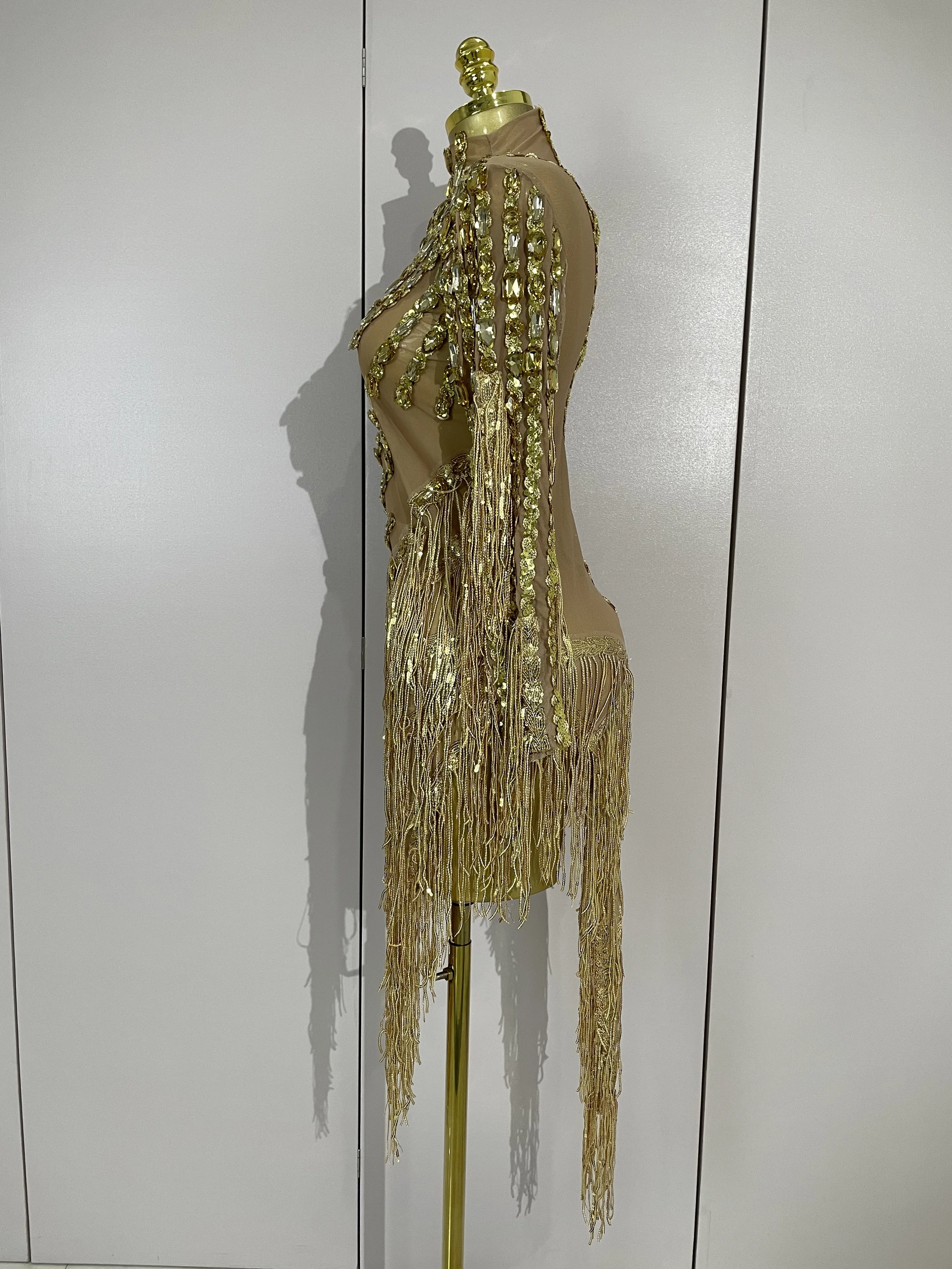 New Sparkly Rhinestones Tassel Sexy See-Through Dress Women One Shoulder Latin Dance Outfits Bars Nightclub Party Stage Costume