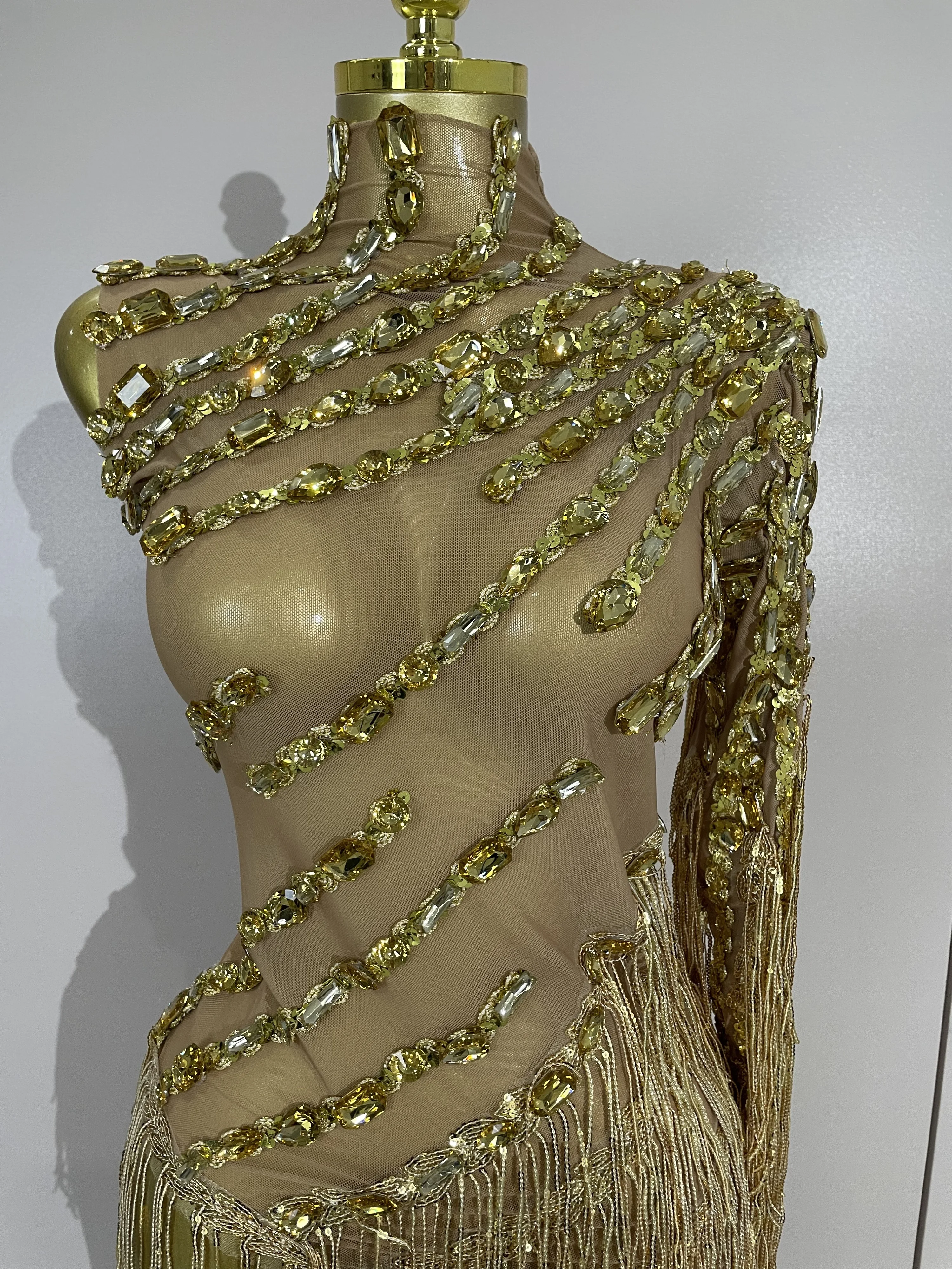 New Sparkly Rhinestones Tassel Sexy See-Through Dress Women One Shoulder Latin Dance Outfits Bars Nightclub Party Stage Costume