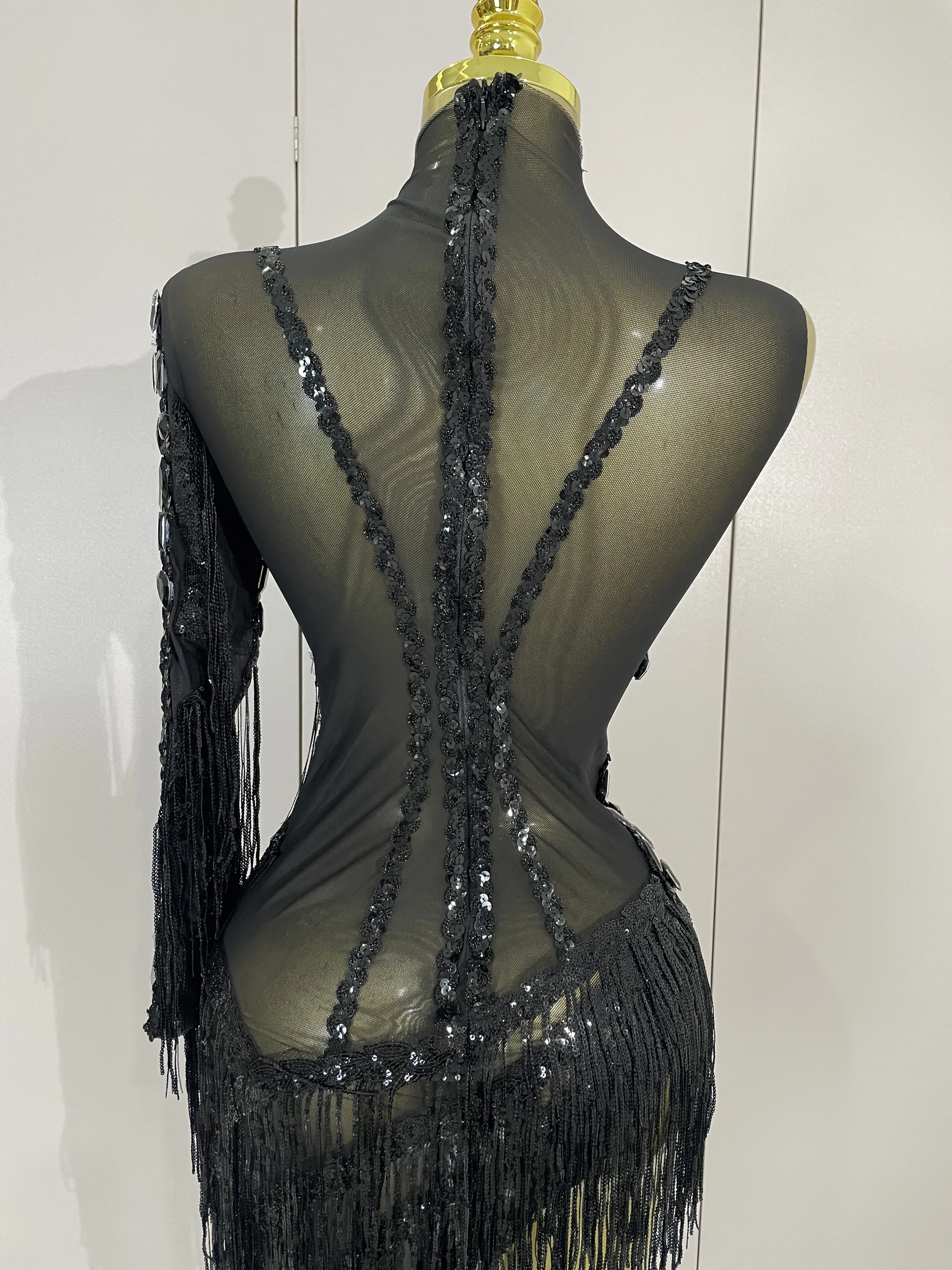 New Sparkly Rhinestones Tassel Sexy See-Through Dress Women One Shoulder Latin Dance Outfits Bars Nightclub Party Stage Costume