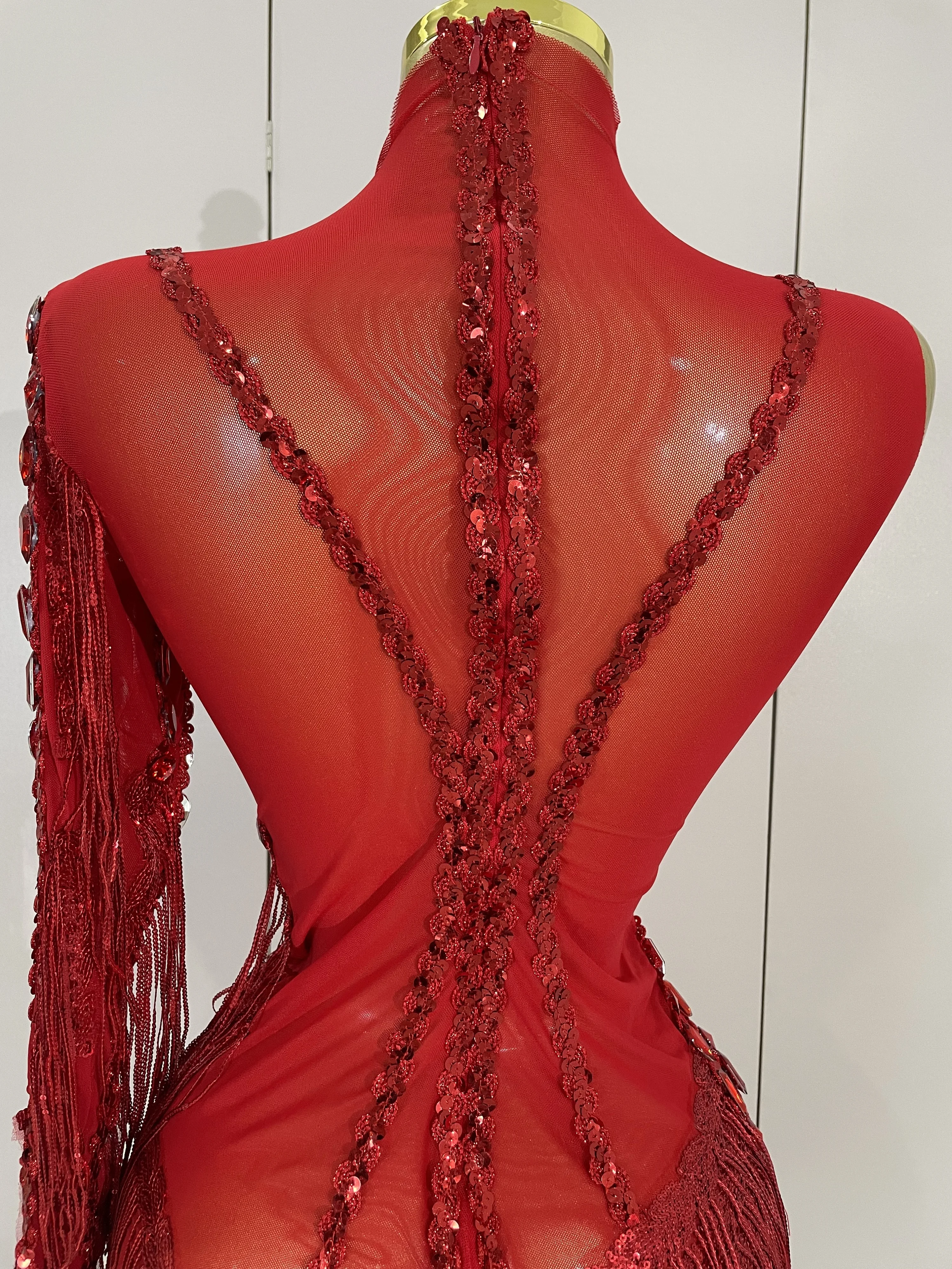 New Sparkly Rhinestones Tassel Sexy See-Through Dress Women One Shoulder Latin Dance Outfits Bars Nightclub Party Stage Costume