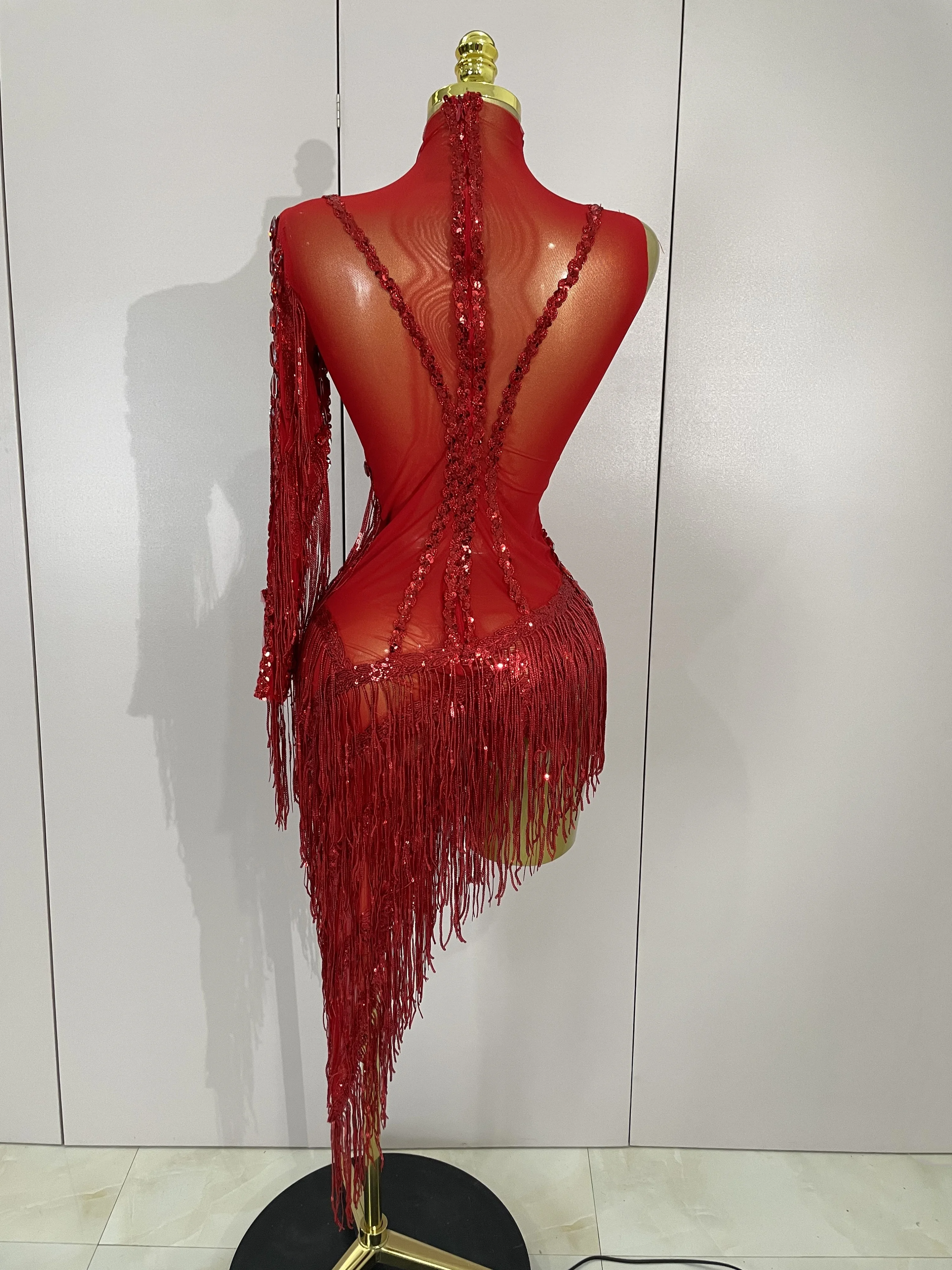 New Sparkly Rhinestones Tassel Sexy See-Through Dress Women One Shoulder Latin Dance Outfits Bars Nightclub Party Stage Costume