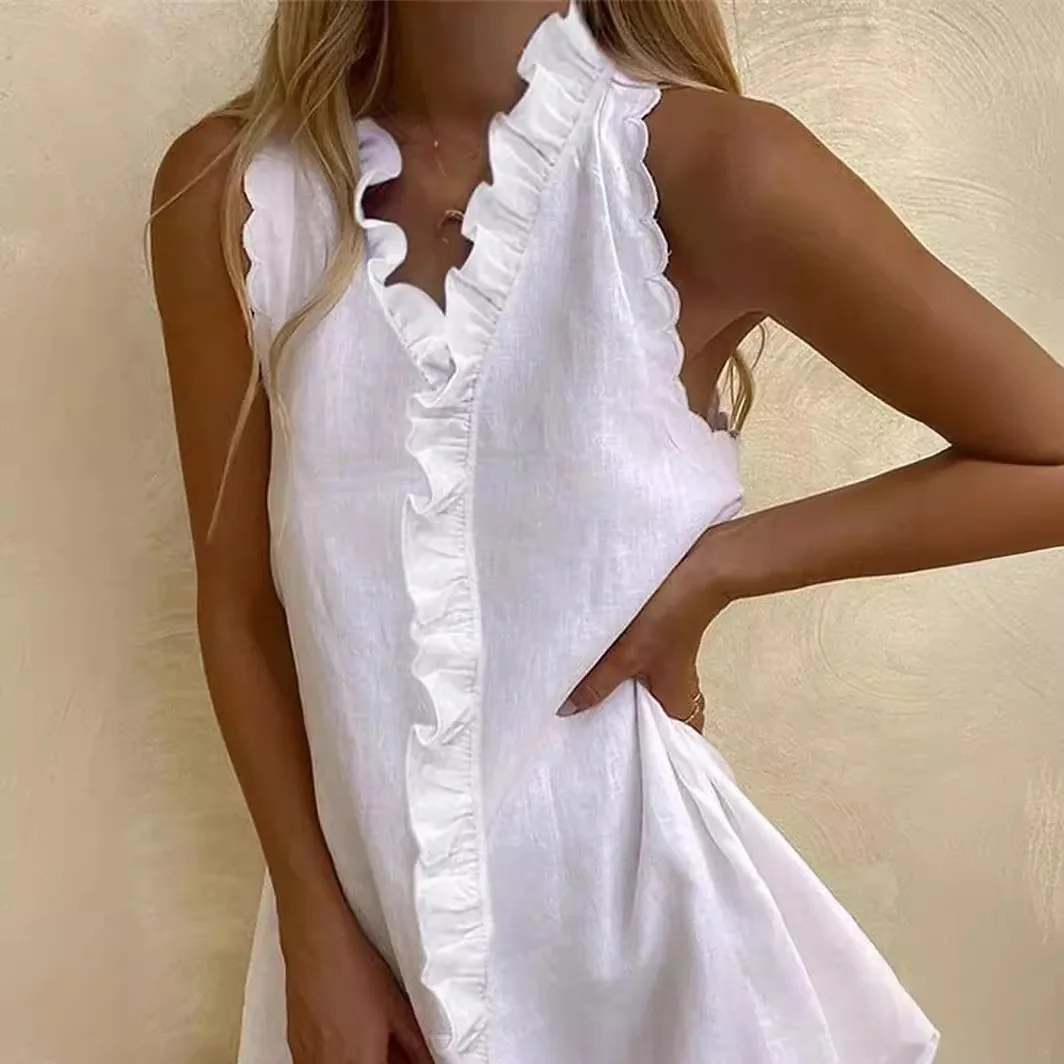 Women V Neck Ruffles Dress Fashion Elegant Solid Mini Sleeveless Dresses Women's Summer Beach Holiday Womens Clothing Robe Femme