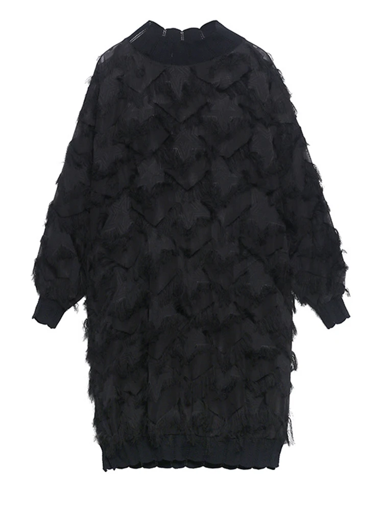 [EAM] Women Black Tassels Perspective Big Size Knee-Length Dress New Turtleneck Long Sleeve Fashion Spring Autumn 2026 1DH8741