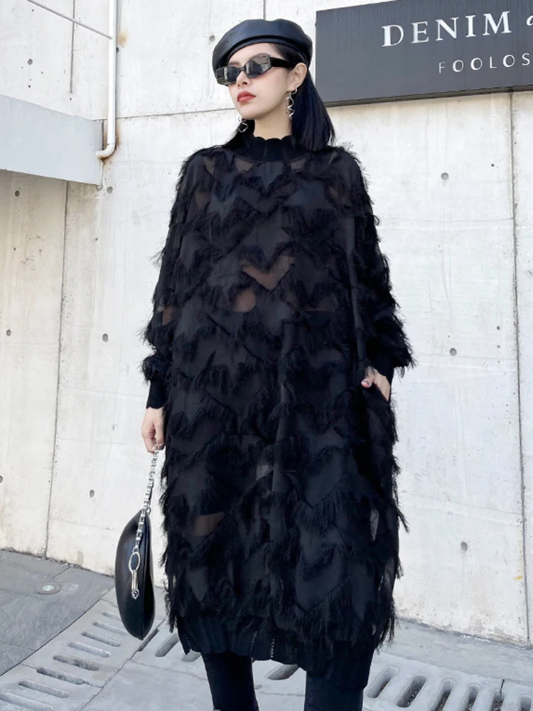 [EAM] Women Black Tassels Perspective Big Size Knee-Length Dress New Turtleneck Long Sleeve Fashion Spring Autumn 2026 1DH8741