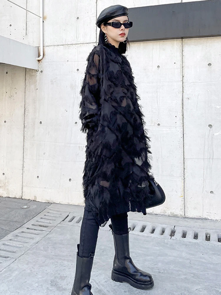 [EAM] Women Black Tassels Perspective Big Size Knee-Length Dress New Turtleneck Long Sleeve Fashion Spring Autumn 2026 1DH8741